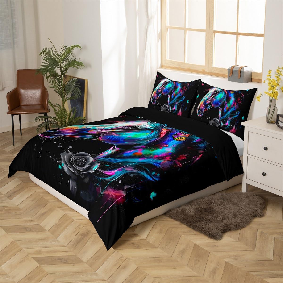 jejeloiu Boys Girls Horse Rose Duvet Cover Toddler Size, Colorful Rose Floral Bedding Set Kids Rainbow Garden Flower Comforter Cover Teens Bedroom Decor Quilt Cover (No Comforter)