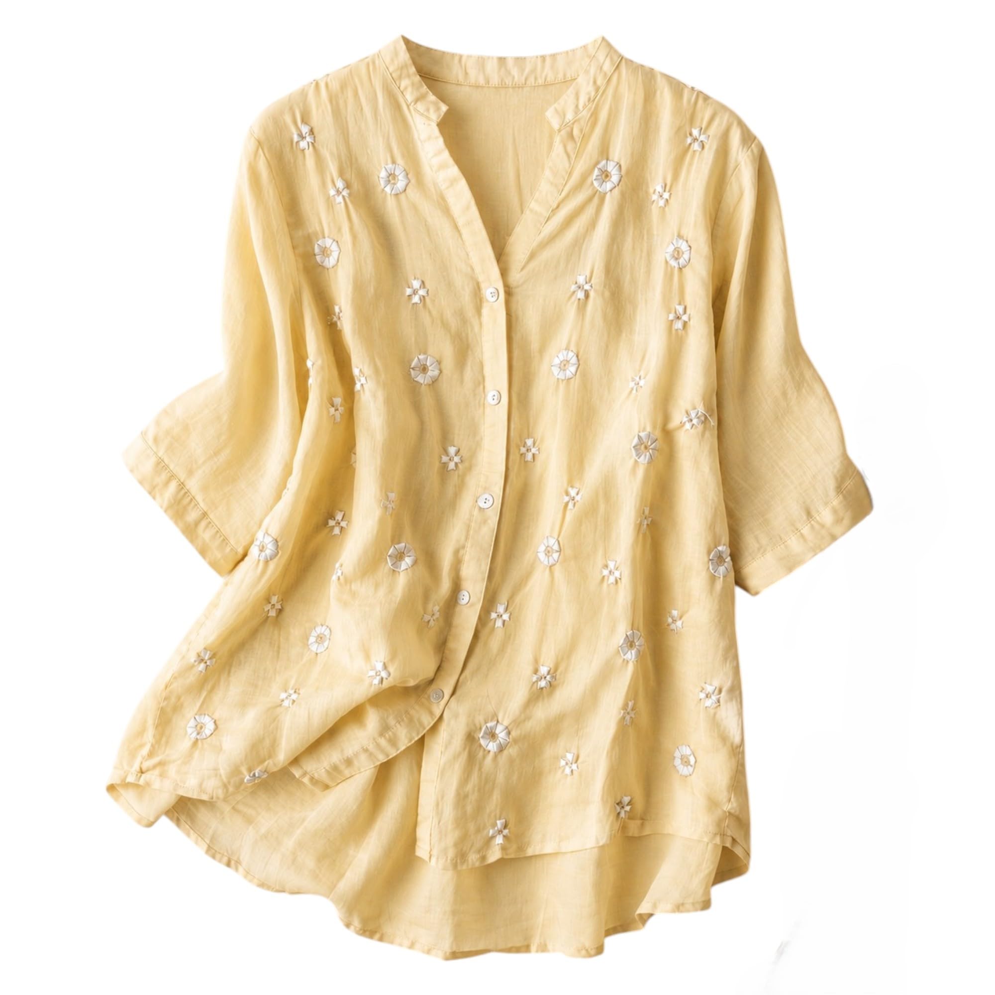 RIEKA Womens Floral Applique Embroidered Fancy Top with Mandarin Collar Button Down Front Half Sleeves Relaxed Fit Casual Tunic Top for Women