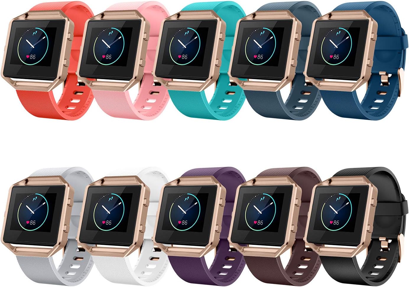 LEEFOX Compatible Fitbit Blaze Bands with Frame, Sport Silicone Replacement Strap for Fitbit Blaze Smart Fitness Watch Accessory Wristbands Small,10Pack w/Rose Gold Frame Men Women