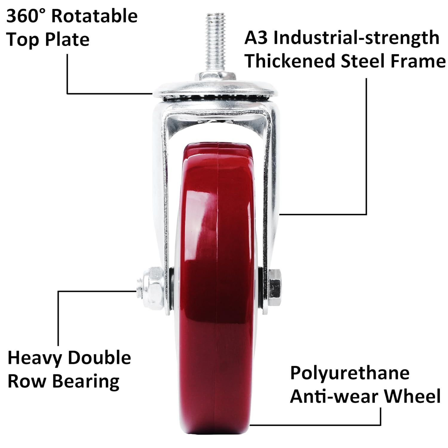 finnhomy swivel caster wheels 5 inch threaded stem casters set of 4 heavy duty 3/8"-16 x 1 anti-wear polyurethane industrial castor wheels for cart/furniture load bearing 2200 lbs smooth casters red 5 inch 3/8"-16x1" (no brake)