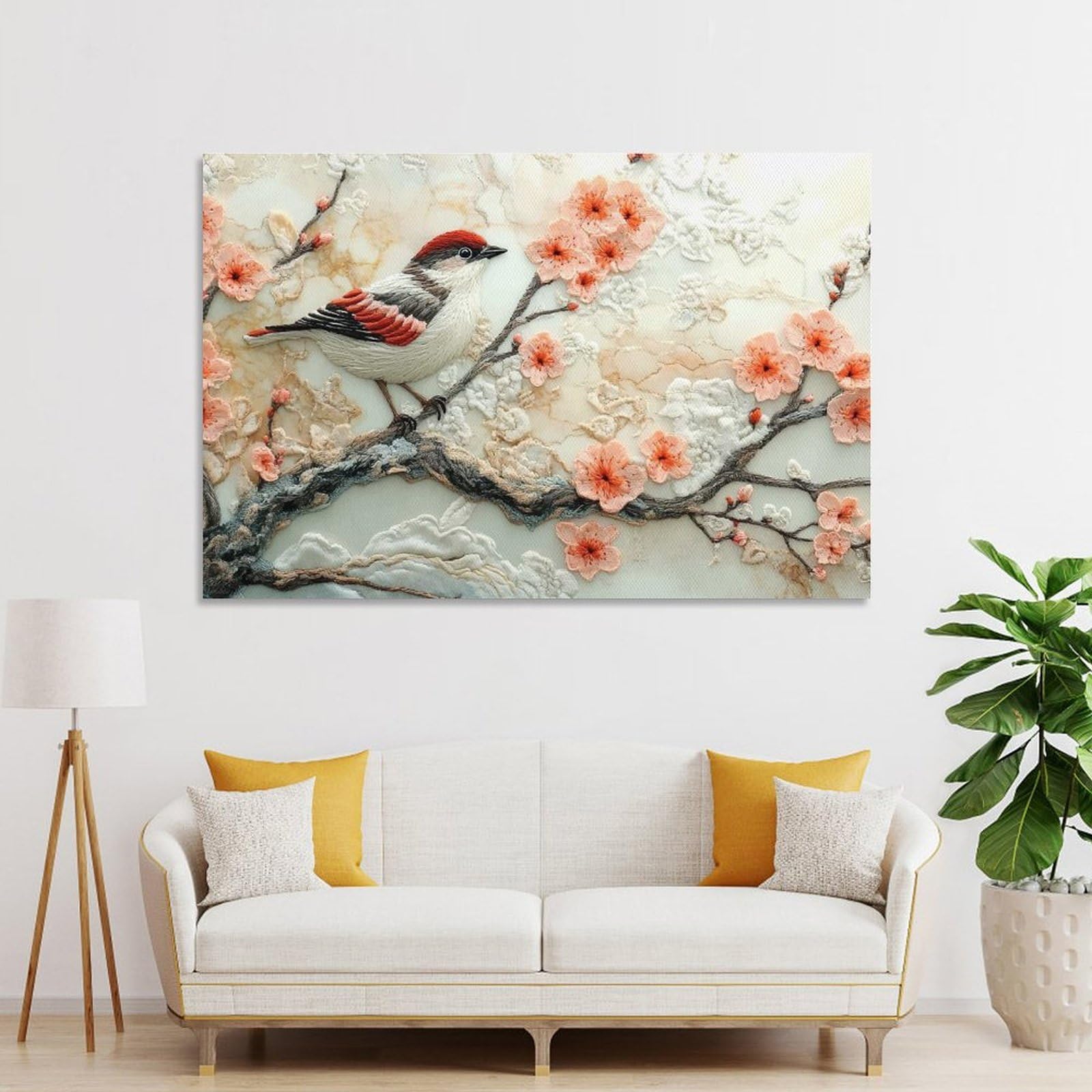 Junmoney Embroidered Bird on Branch Wall Decor Canvas Print, 24x36inch(60x90cm), for Living Room, Bedroom, Office Or Hallway, An Adaptable Decor Piece for Home Use