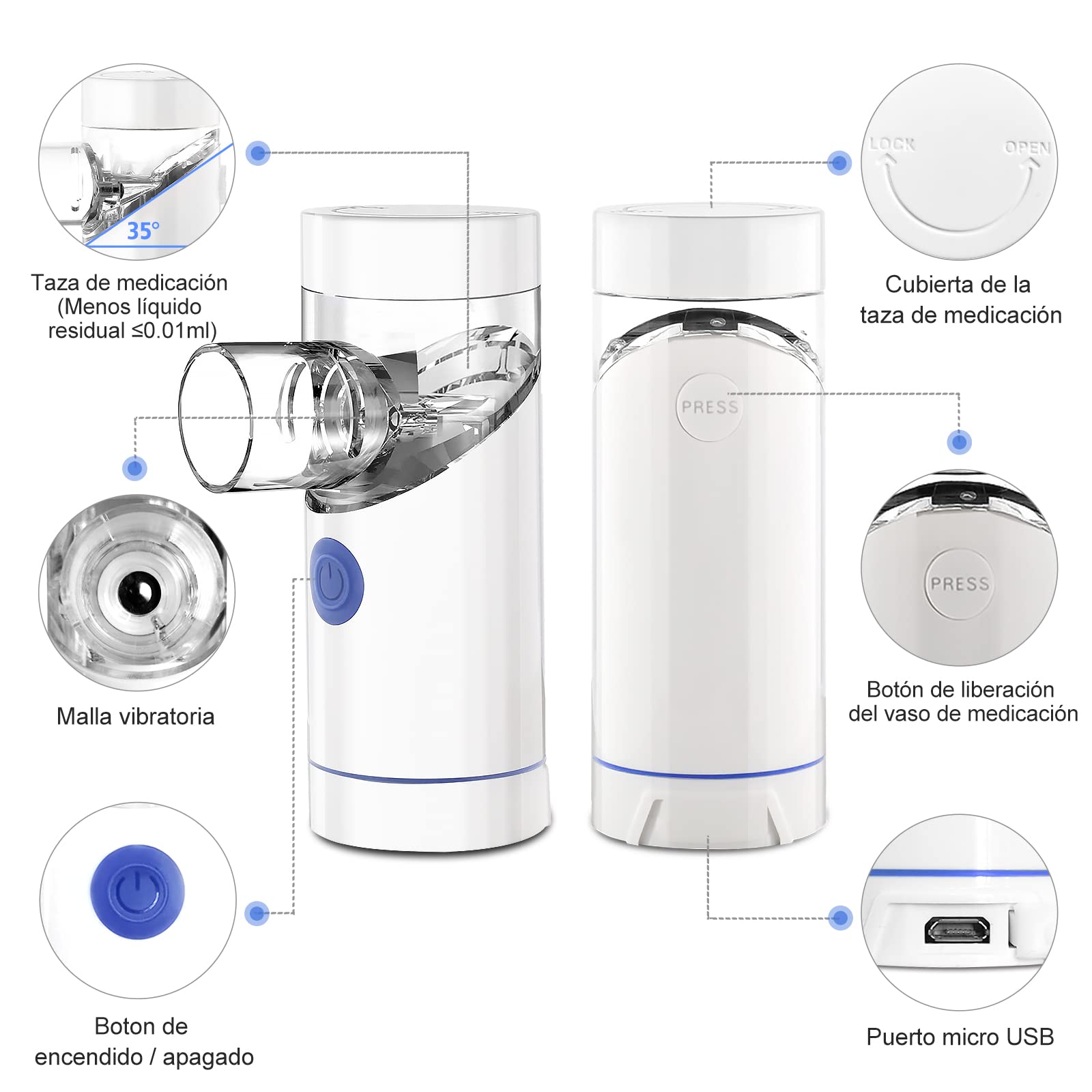 Nebulizador Eléctrico Inhalador Portatil Ruido Bajo USB Recargable con Boquilla y 1 máscara de adulto y 1 máscara de niño