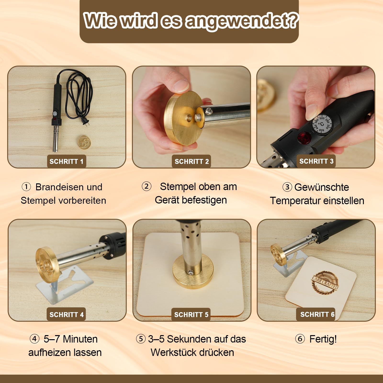 Elektrisches personalisiertes Brandeisen für Holz mit Logo, Messing Brennstempel mit Temperaturregelung, für Leder und Holzarbeiten, Branding Tool für Handwerk und DIY