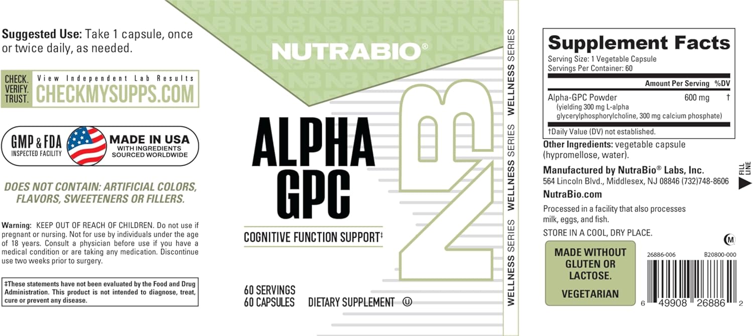 NutraBio Alpha GPC, Brain Support & Improved Memory Function, 300mg - 60 Vegetable Capsules - Image 7