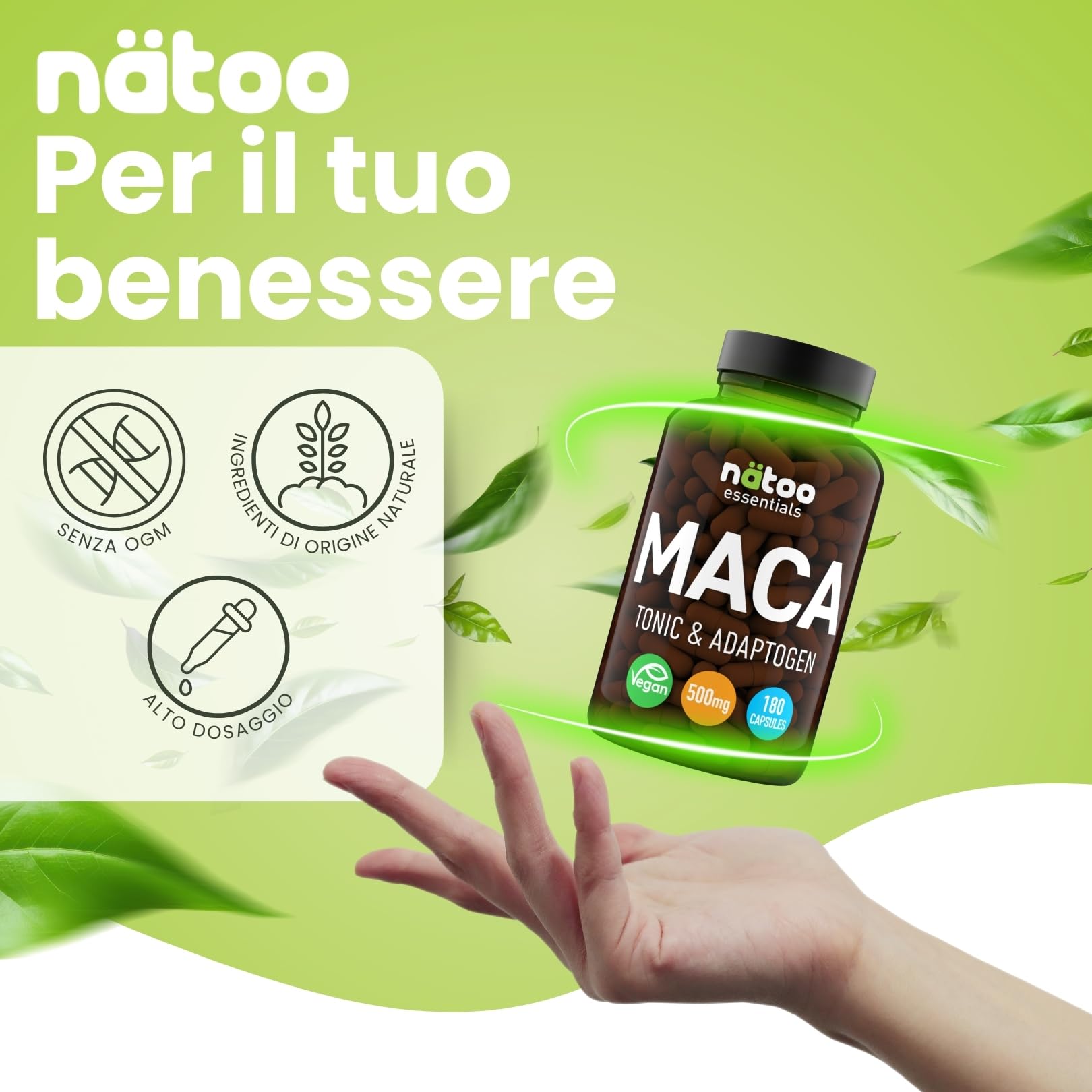 NÄTOO Essentials Maca 500mg 180 CPS Vegetali - Integratori Stanchezza con Maca Peruviana delle Ande (Ginseng Peruviano), Maca Forte con proprietà tonico adattogene, radice di Maca
