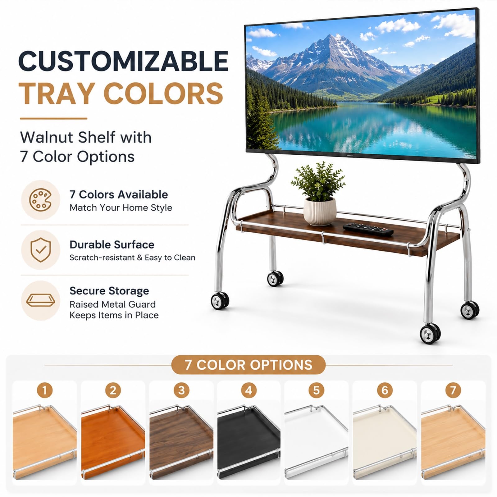 Carrello TV Mobile Portatile, Supporto TV con Ruote | Acciaio Inossidabile, Ruote con Blocco e Mensola Portaoggetti per TV da 32–75 Pollici(White,120cm/47in)