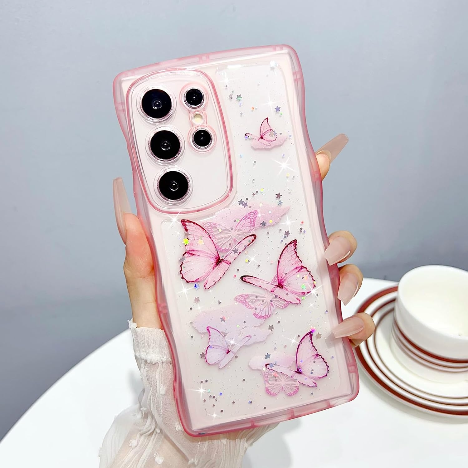 UEEBAI Wave Butterfly Case for Samsung Galaxy S25 Ultra 5G Case, Pretty Bling Star Butterfly for Women Cute Shiny Glitter Phone Cover for Girls Bling Clear Cover Curly Shockproof Girly Shell - Pink - Image 6