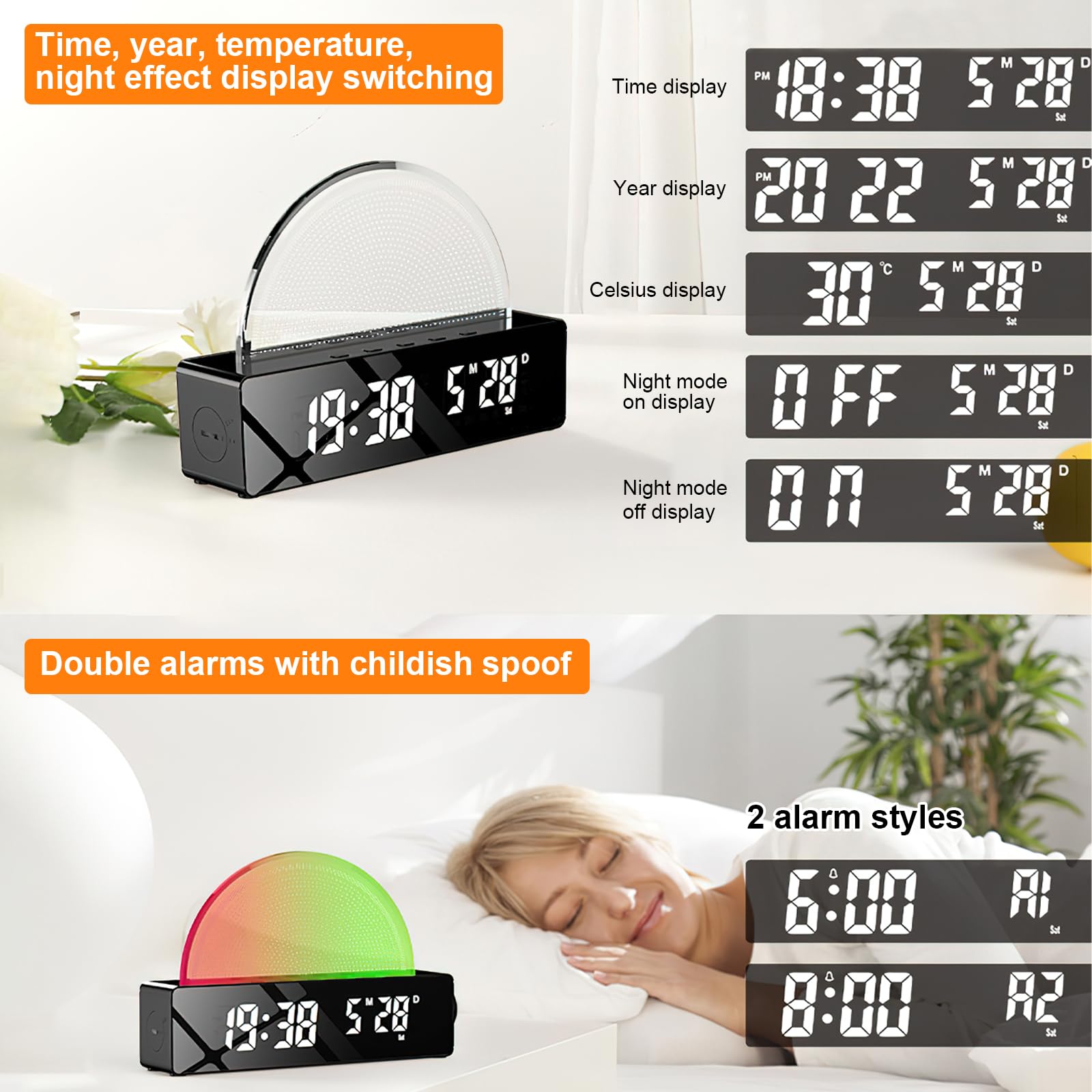Sveglia digitale, sveglia luminosa con funzione di ricarica USB, sveglia luminosa, sveglia intelligente, luce d'atmosfera, lampada da comodino, display LED colorato, lampada da tavolo, scatola di