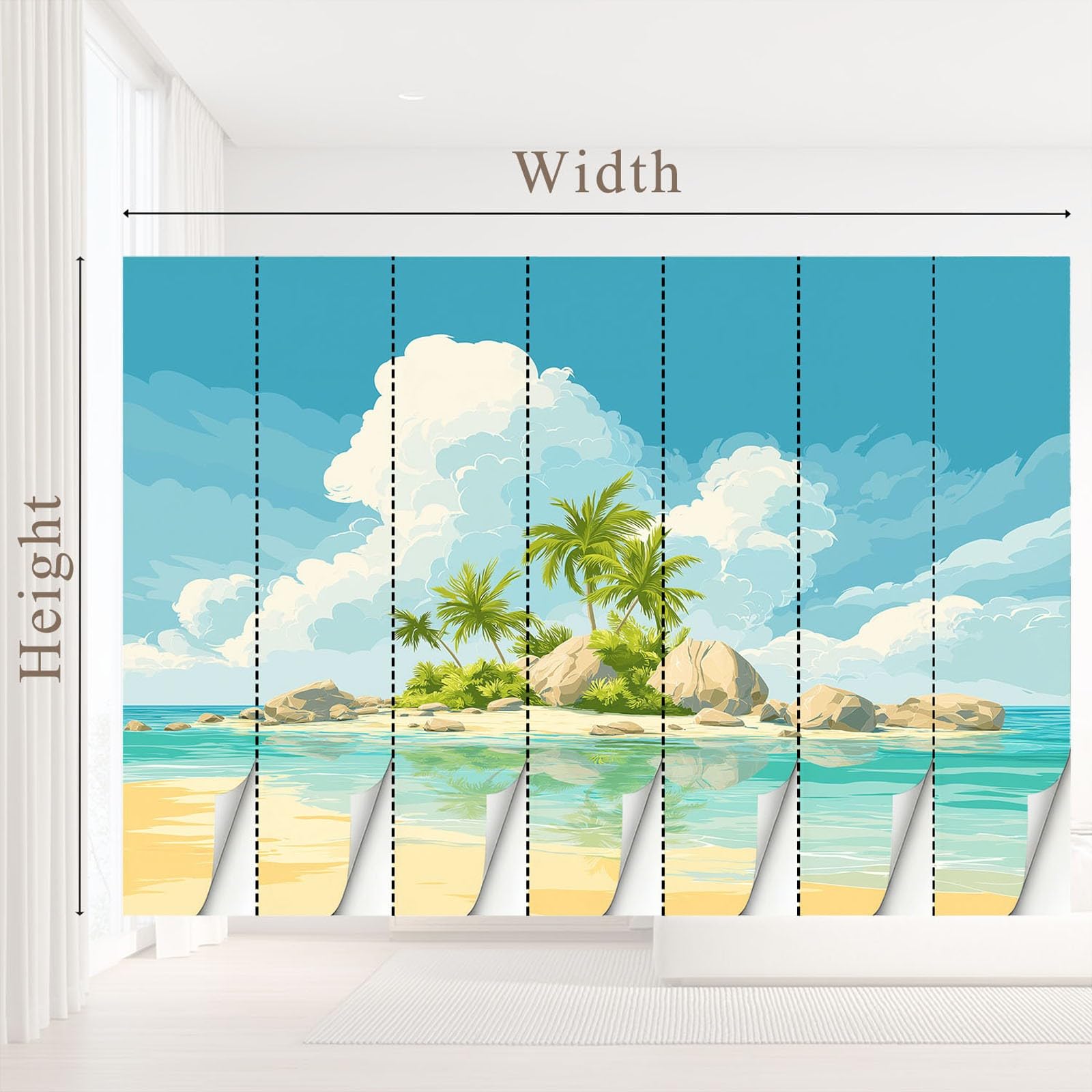 Générique Ciepła tapeta, krajobraz panoramiczna tapeta 300 x 210 cm do salonu dekoracja pokoju dziecięcego dekoracja ścienna do pokoju dziecięcego, wyspa, palma, morze