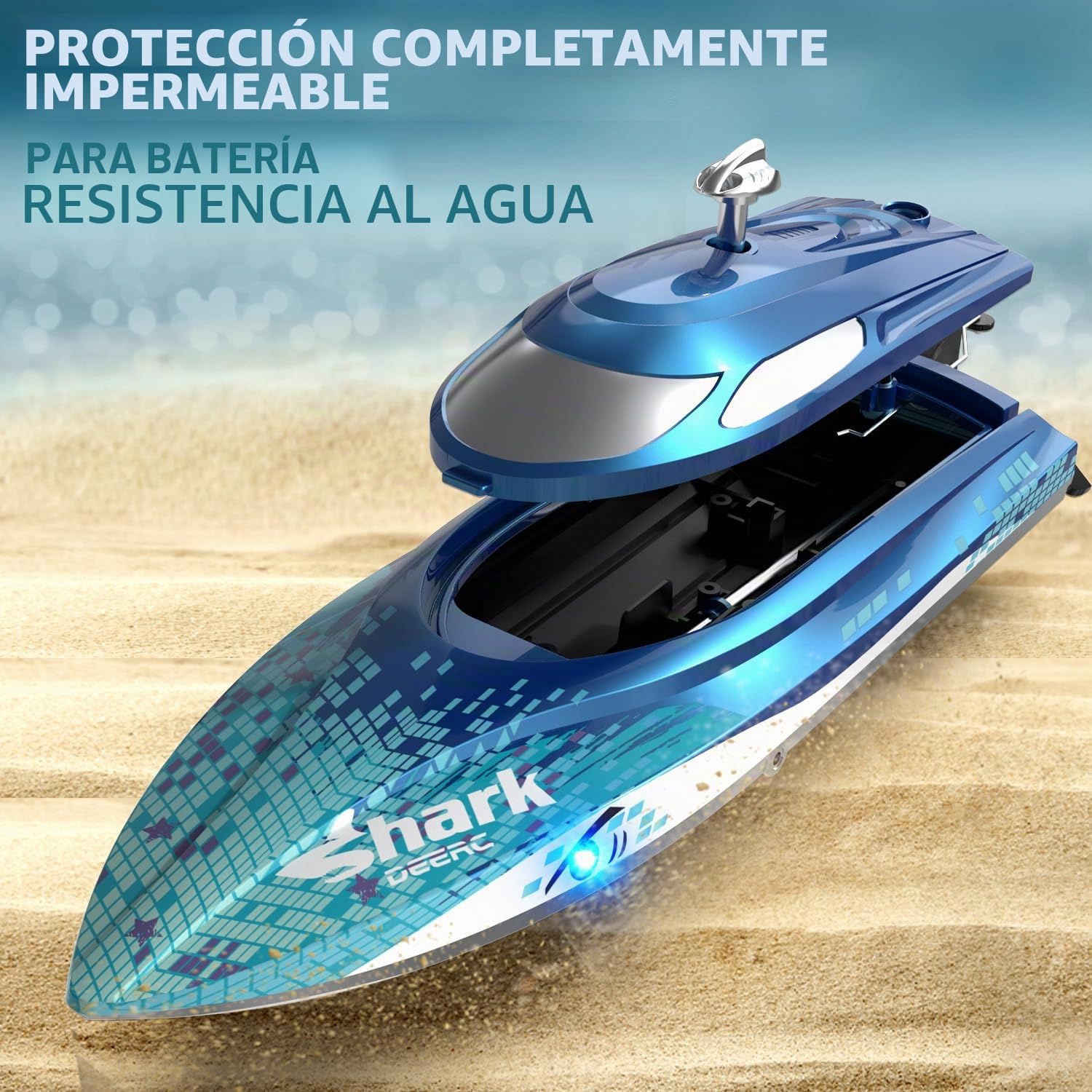 DEERC RC Boat con iluminación LED, barco tiburón teledirigido para piscinas y lagos, más de 20 km/h, barco de carreras de 2,4 GHz, juguete de piscina para niños a partir de 8 años