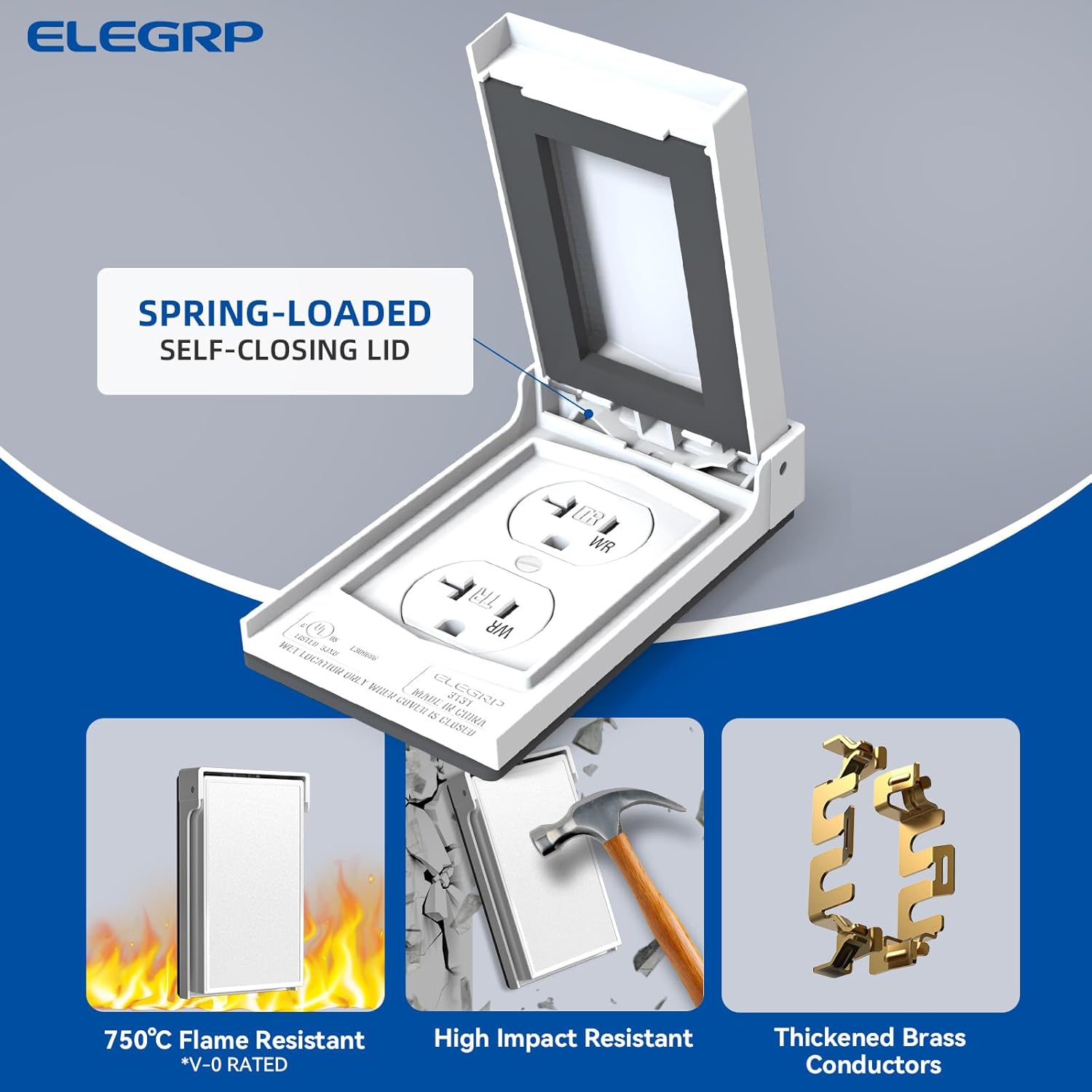 ELEGRP 20 Amp 125V Standard Duplex Receptacle with Vertical Outdoor Electrical Outlet Cover, TR WR Tamper Weather Resistant Wall Outlets, 2 Pole 3 Wire, Self-Grounding, UL Listed, White, 6 Pack