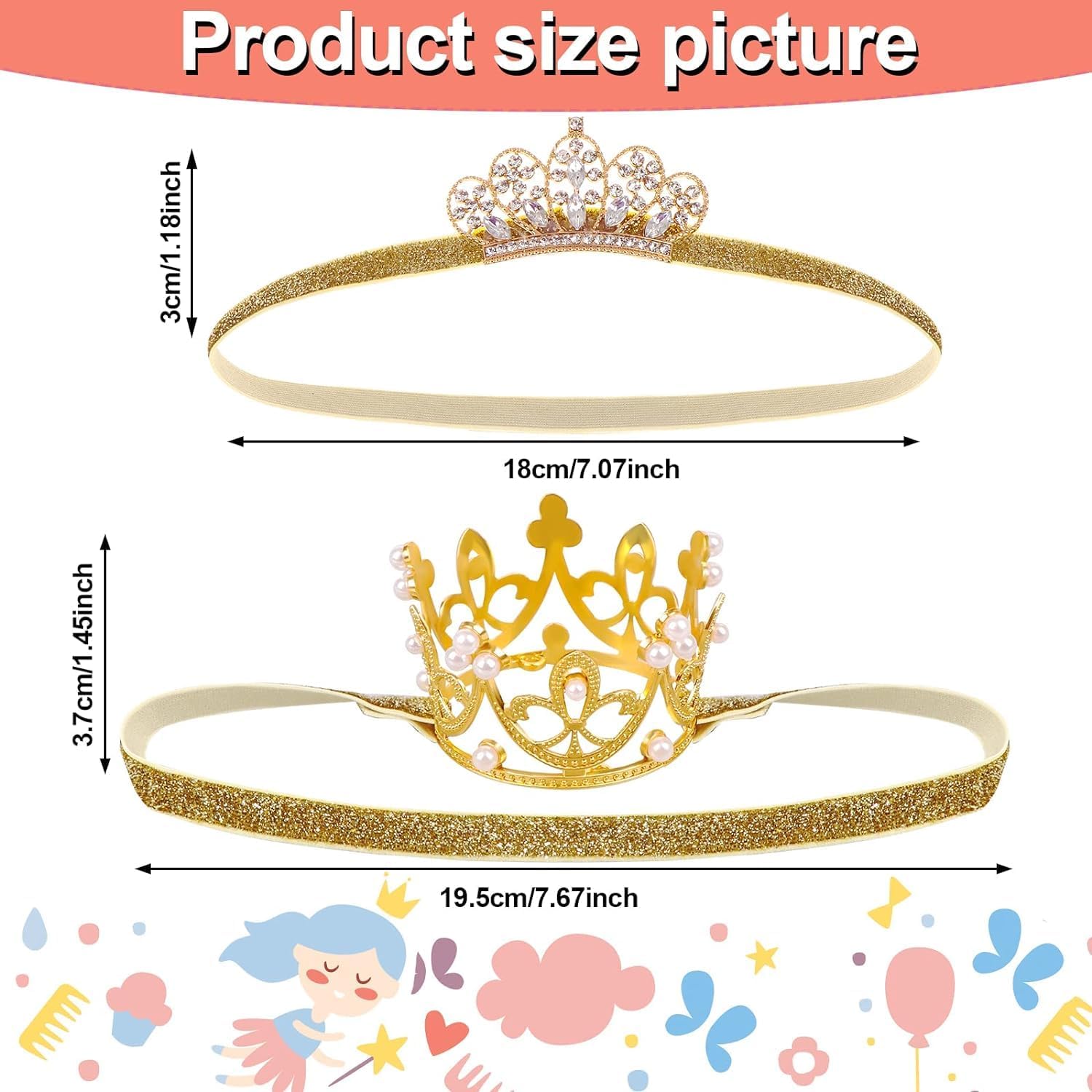2PCS Gold Tiara Glitter Baby Crown Headband Crystal Crown Hair Belt for Little Girl Infant Princess Tiaras Birthday Elastic Hair Band for Photography Headband Props - Image 2