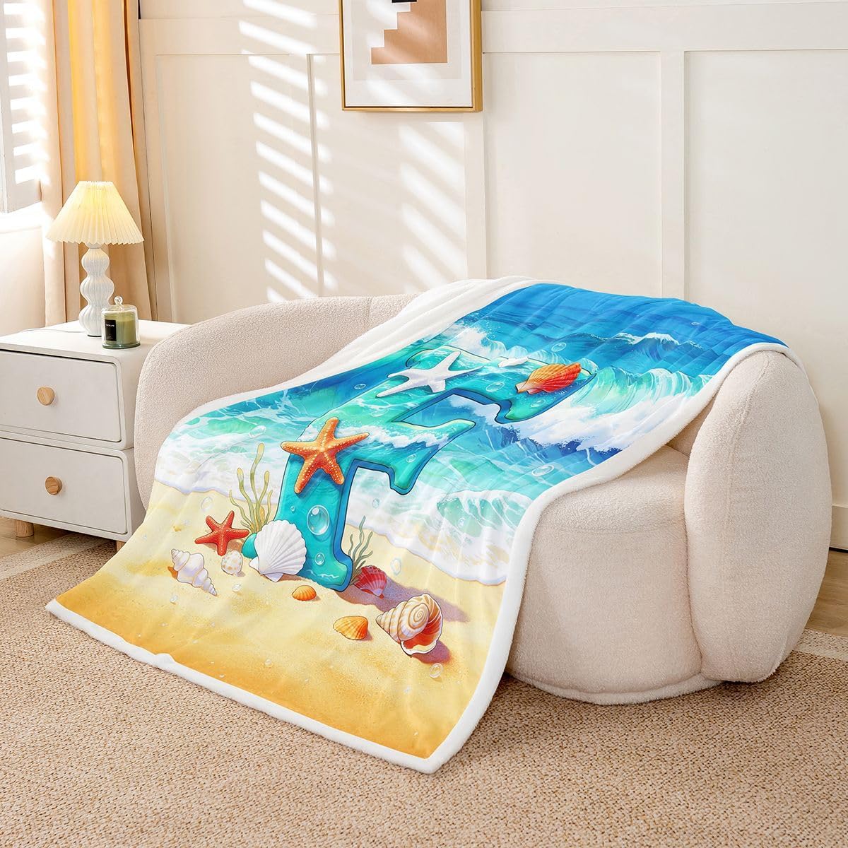 Hawaiian Beach Fleece Throw Blanket Kids Personalized Initial Letter F Sherpa Blanket Plush Fuzzy Twin 60"x80" Beach Coastal Bed Couch Chair Living Room for Room Decor Microfiber Marine Life Sea image 2