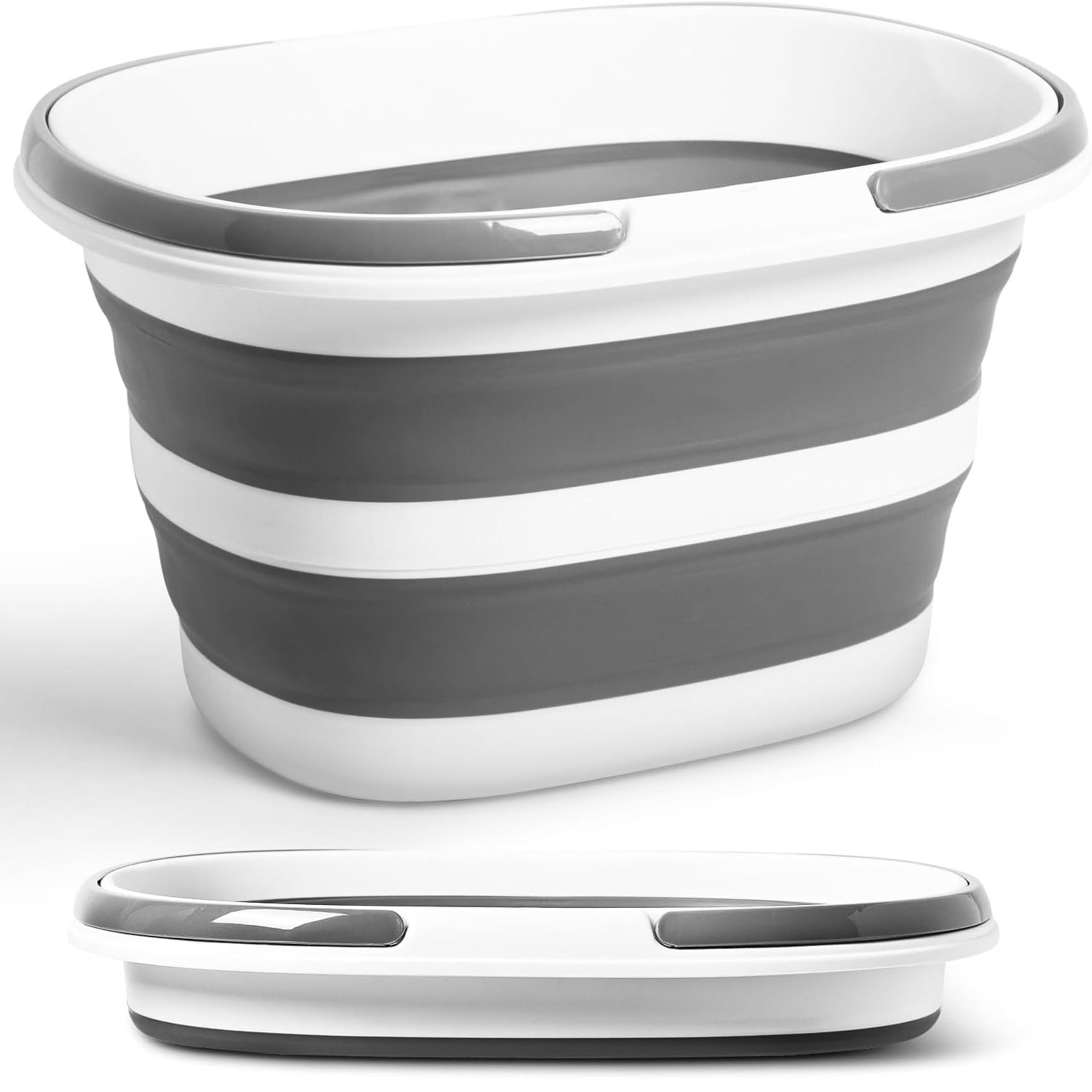 Zigjack Black & White Color Large Collapsible Mop Bucket With Handles | 16L Space Saving Foldable Silicone Tub For Cleaning, Laundry, Storage | Portable Wash Basin For Home & Car - 4.2 Gallon Compact Utility Bucket