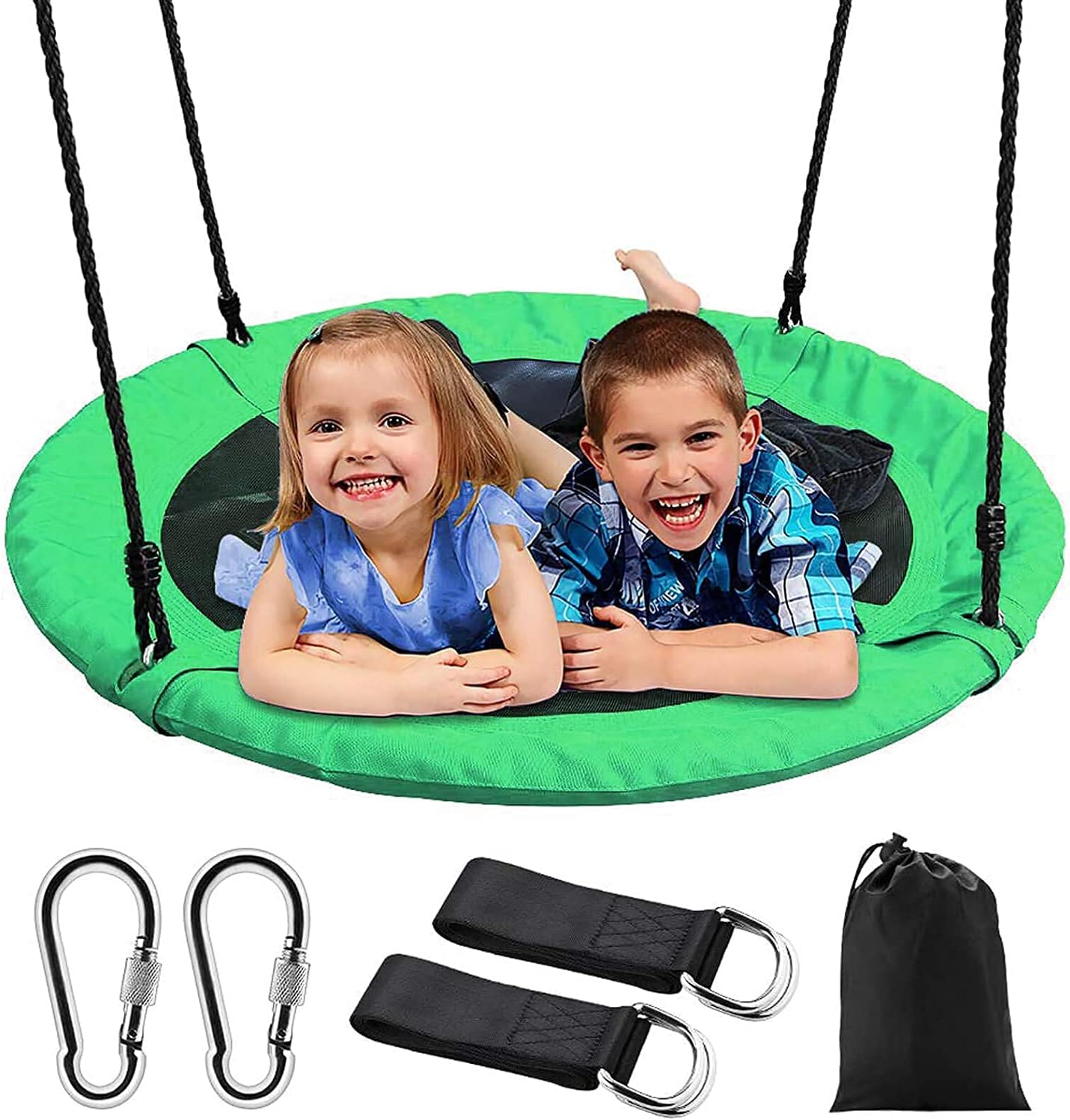 Braoses Saucer Tree Swing for Kids Adults, 700lb 40 inch Large Round Outdoor Nest Swing 900D Oxford Waterproof 2 Height Adjustable Tree Hanging Straps & 2 Carabiners, Accessories Set Included Green