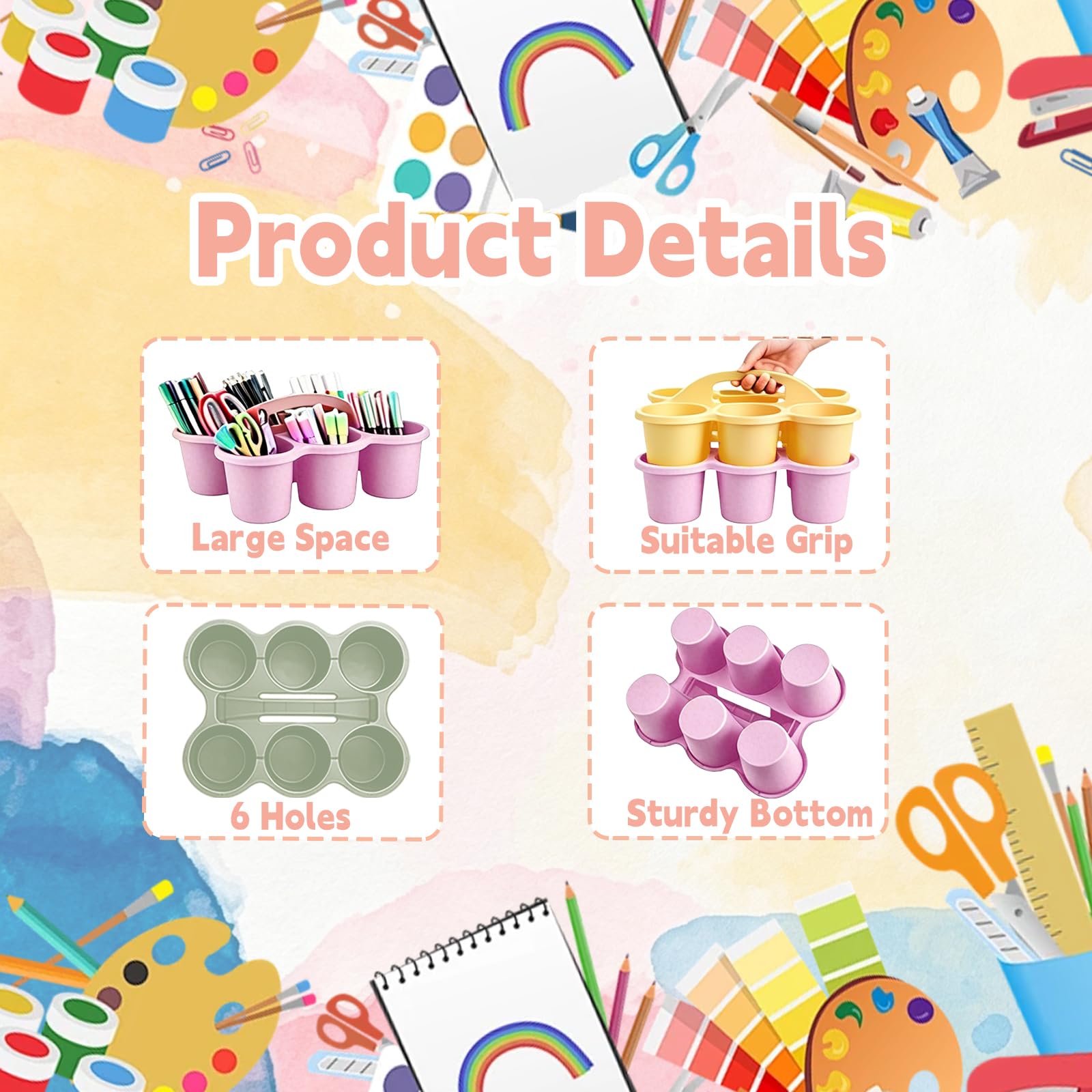 Confezione da 6 organizer da tavolo in plastica Macaron con manico, 6 scomparti, per forniture scolastiche, artigianato, pastelli, matite, impilabili, per ufficio e casa