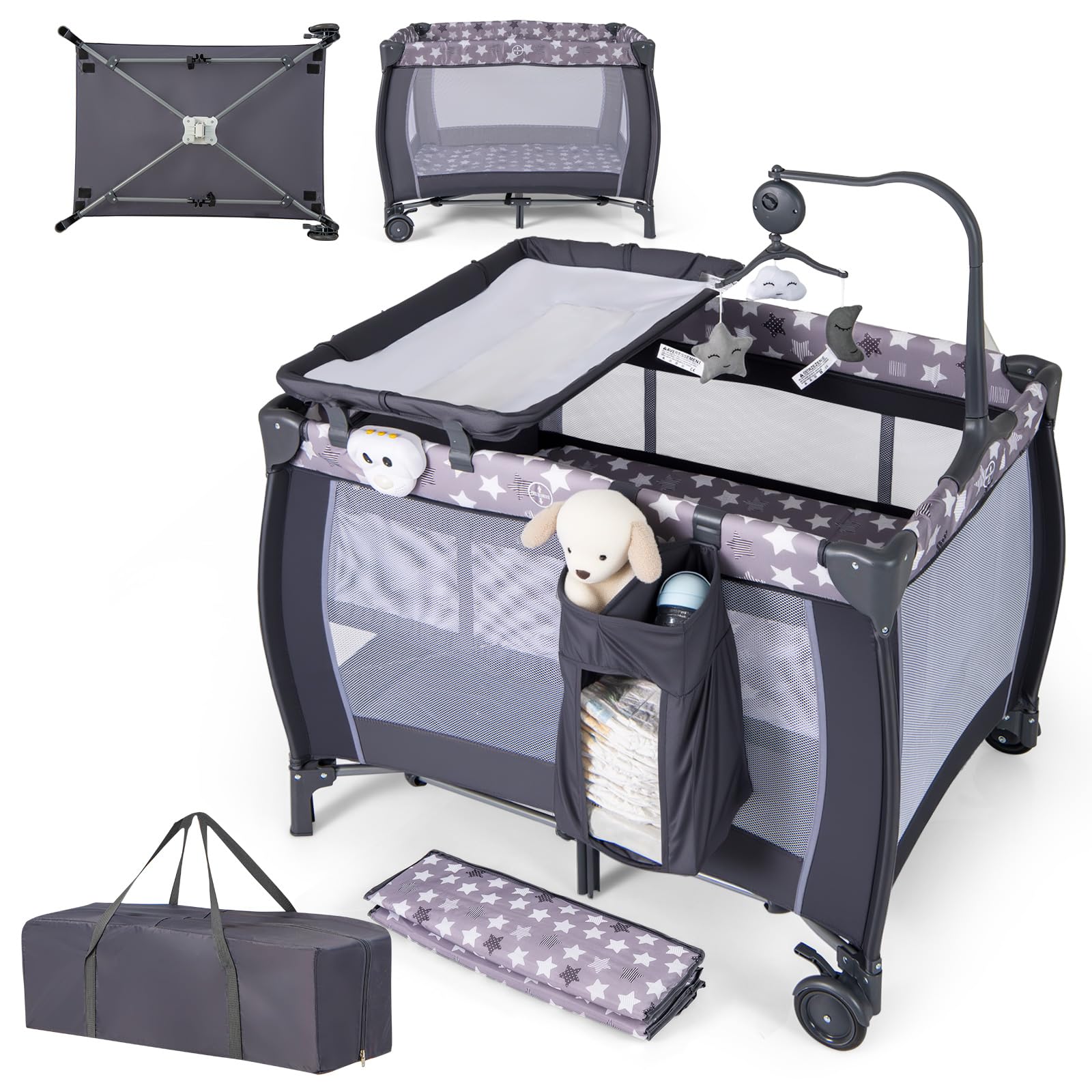RELAX4LIFE 4 in 1 Lettino da Campeggio con Materasso per Bambini, Culla da Viaggio per Neonati con Fasciatoio, Carillon e Ruote Bloccabili, Adatto a Bambini da 0 a 36 Mesi (Stelle Grigie)