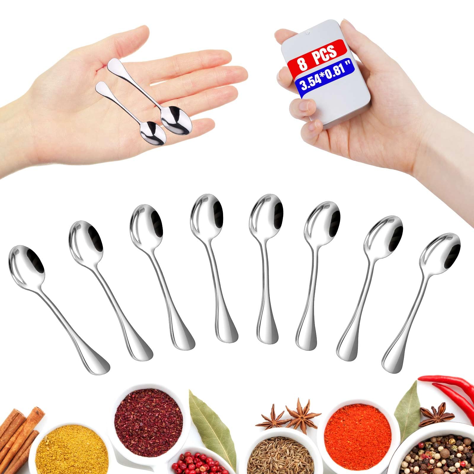 Photo 1 of 8PCS Mini Stainless Steel Spoons (Upgraded Larger Size 3.54 inch) - Small Salt Spoons SUS 304 Food Grade Mini Seasoning Spoon for Powder Spices Jars, Pepper, Sugar, Honey