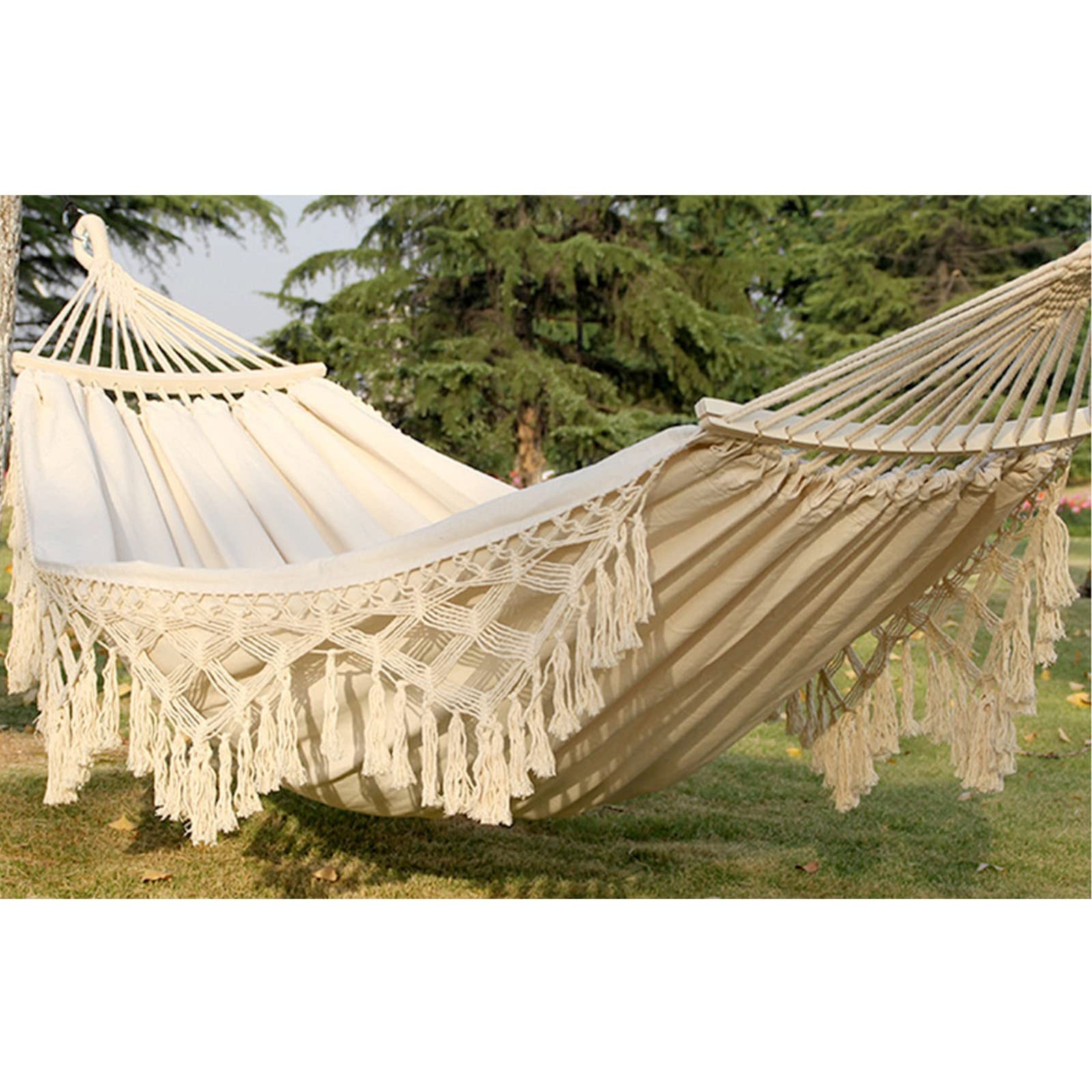Hamac double en toile de coton avec pompons brésiliens et franges, barre d'épandage au crochet et sac de transport inclus Blanc