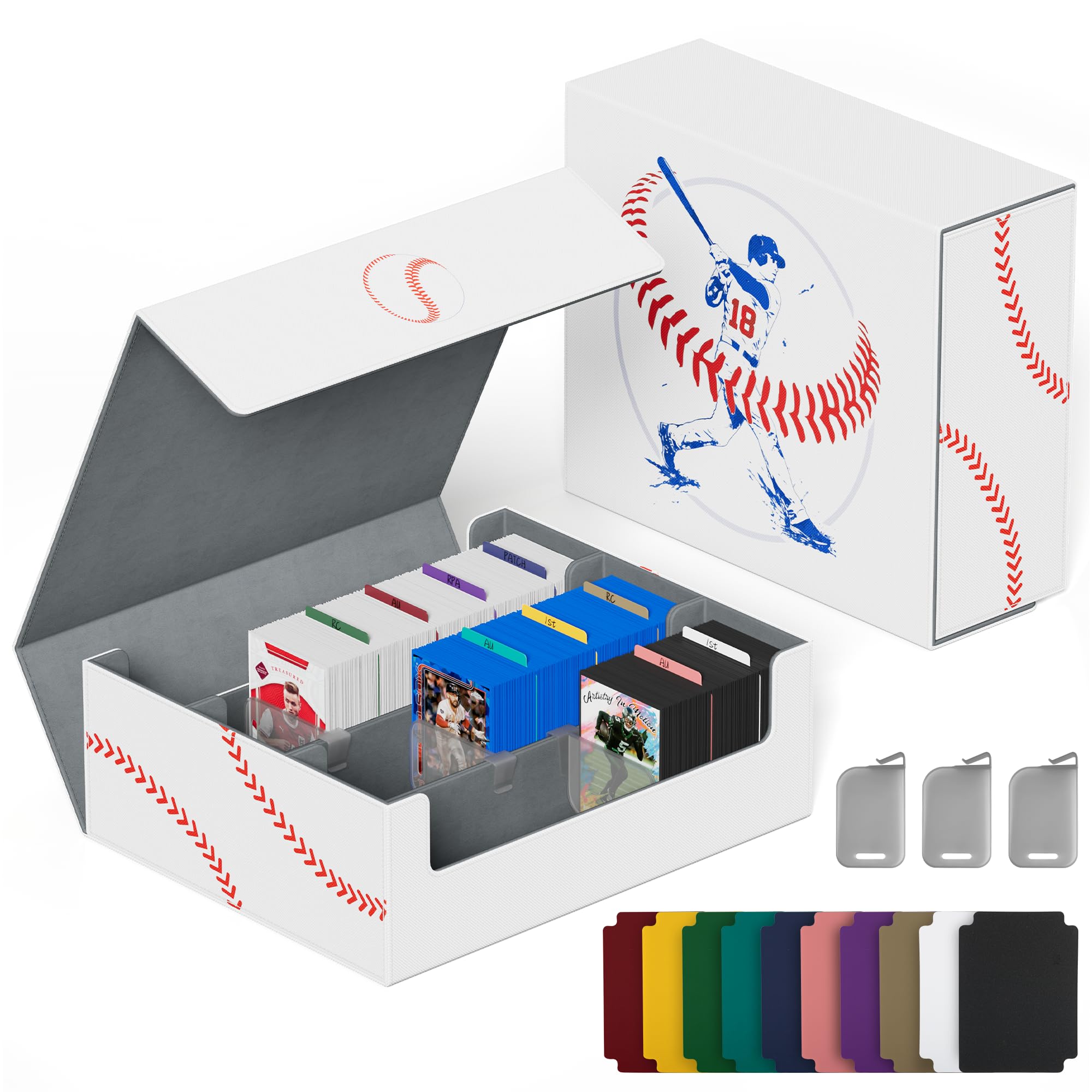 UAONO Trading Card Storage Box for 1800+ Sleeved Cards, Bulk Card Storage | Magnetic Closure PU Leather Card Organizer with 10 Dividers & 3 Stoppers for MTG, PTCG, TCG, Sports Cards (Baseball)