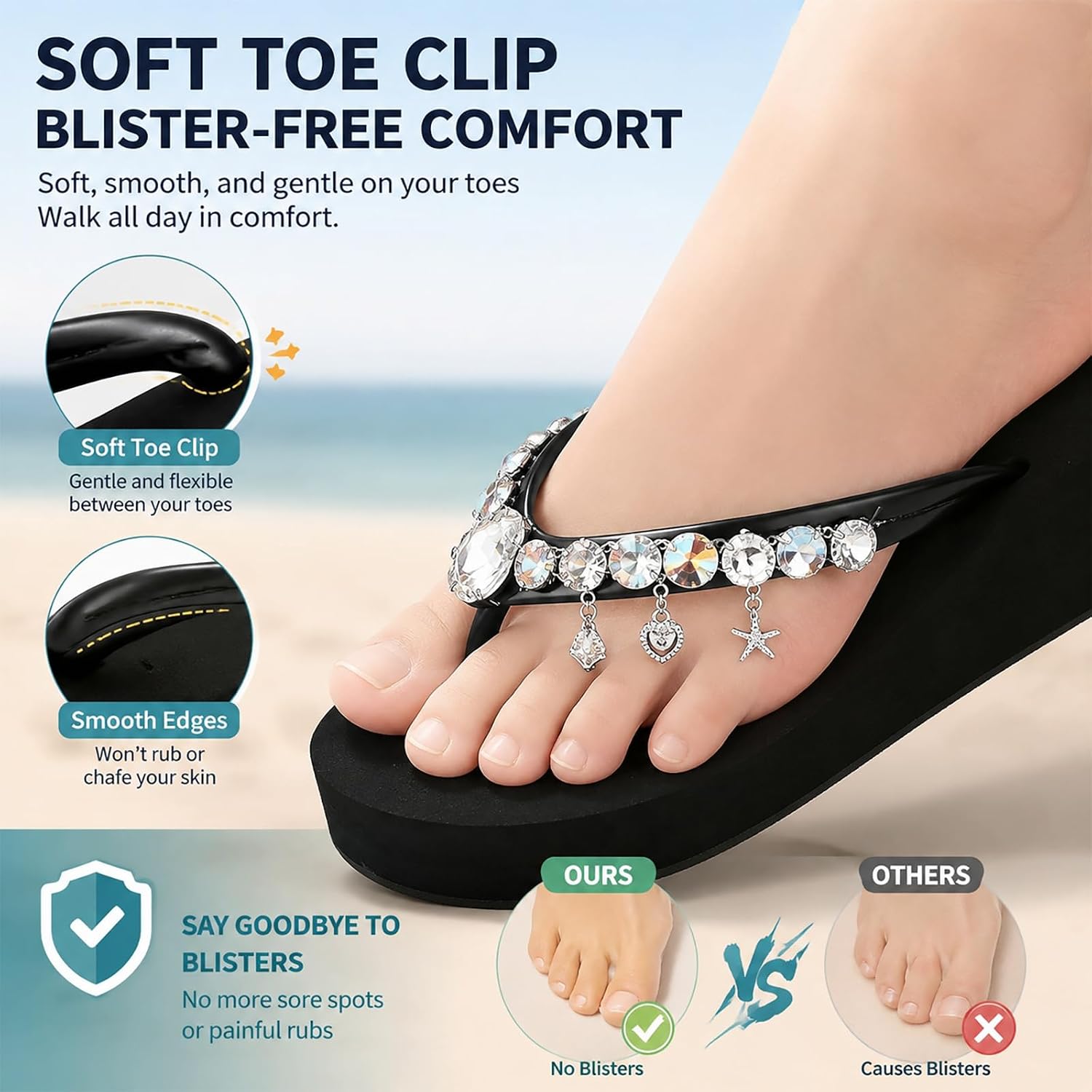 Women'S Sparkly Rhinestone Platform Flip Flops with Arch Support Comfortable Lightweight Orthopedic Slip-On Wedge Thong Beach Slides Fashion Casual Sandals for Daily Leisure Vacations