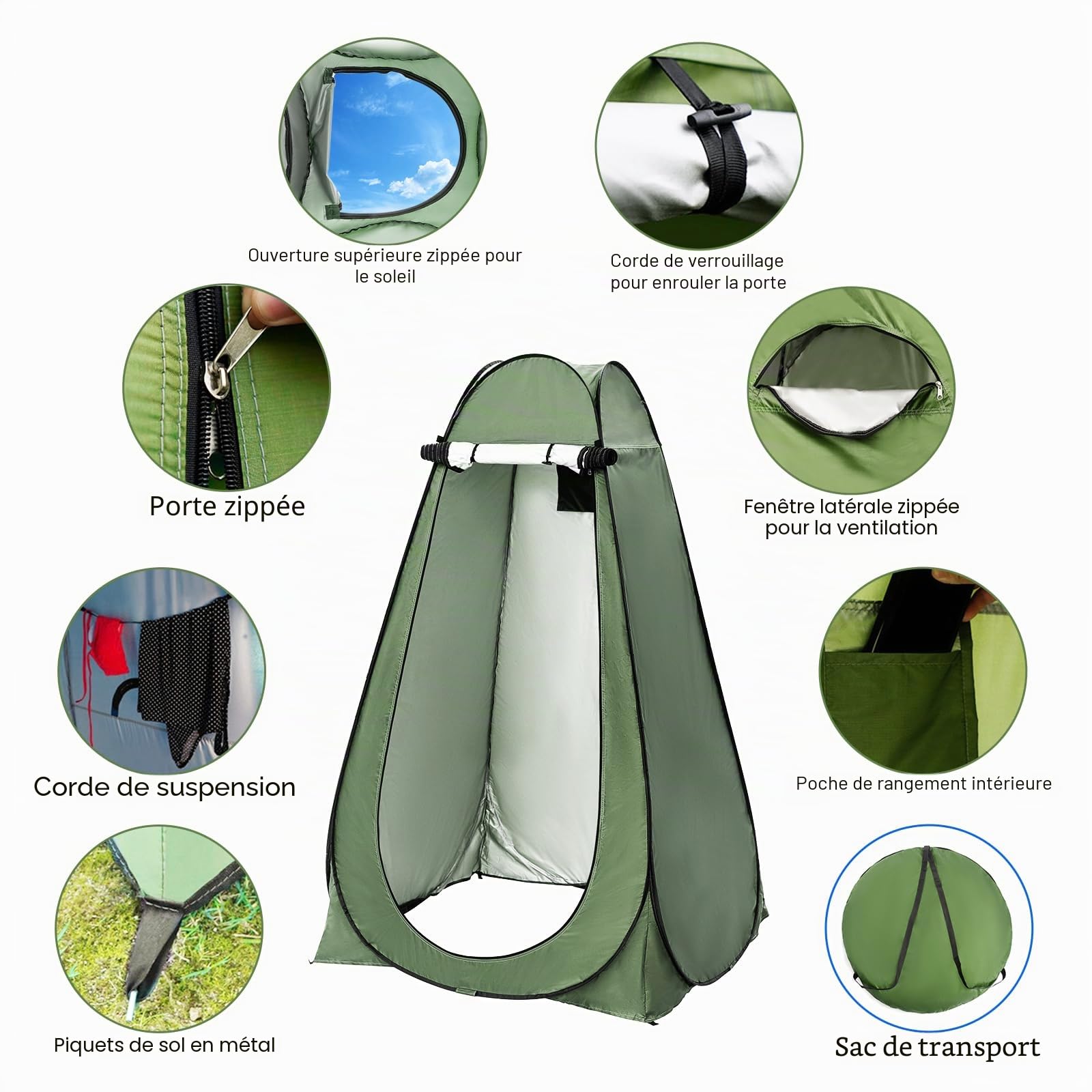 Tente de Douche Pop Up Toilette Cabinet de Changement Camping Abri de Plein Air Vestiaire Extérieure Intérieure Portable,Toilettes extérieures instantanées pour Camping randonnée Plage,Vert