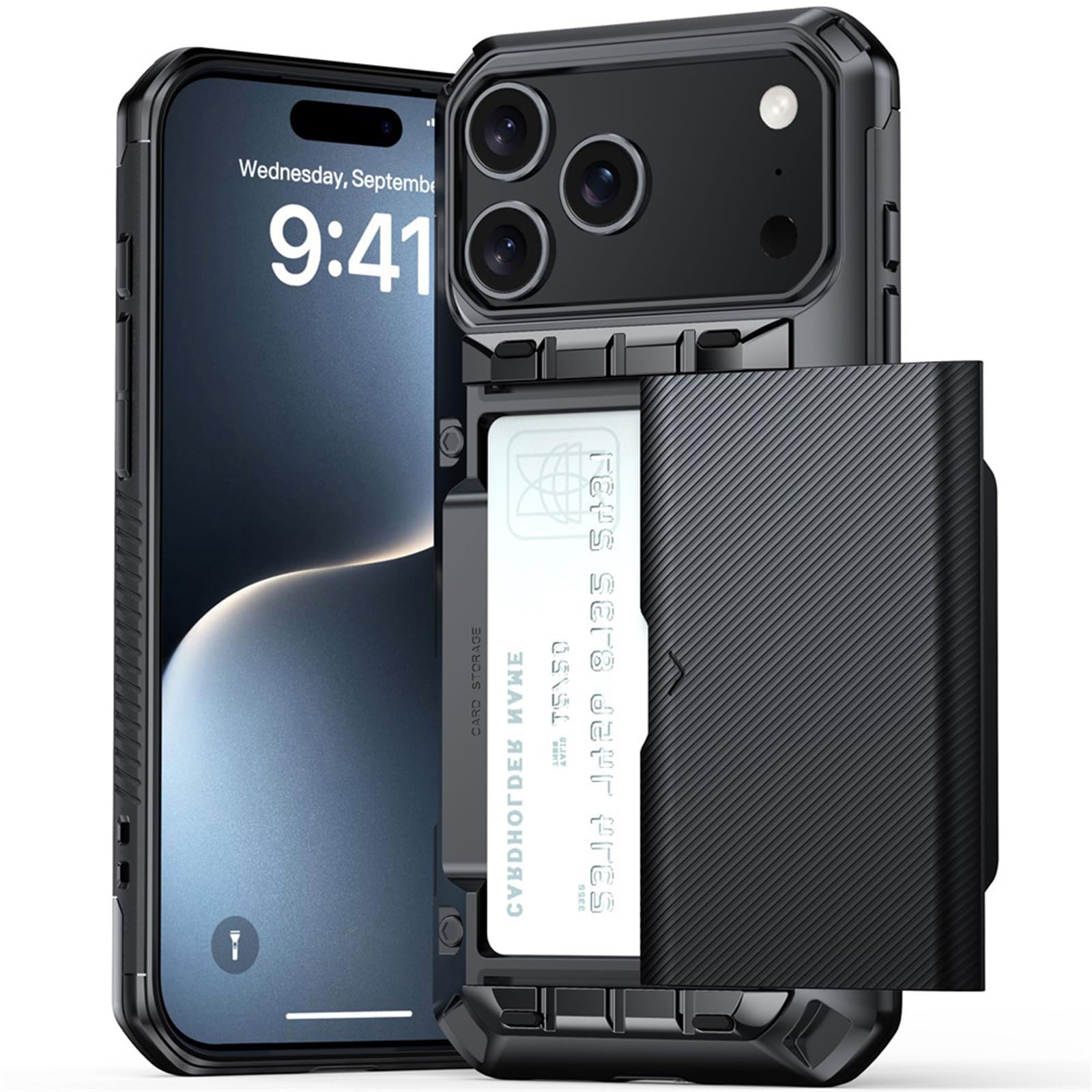 Stoßfeste Hülle für iPhone 17 Pro Max/17 Pro/17 Air/17, Schieben Kartenhalter Handyhülle Kratzfest rutschfeste Schutzhülle,Schwarz,17 Pro