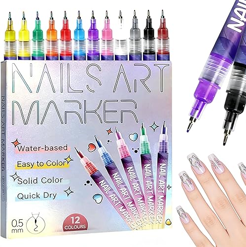 Juego de rotuladores para arte de uñas de 12 colores, 0.020 in de secado rápido para diseños de bricolaje, bolígrafos de uñas vibrantes para pintar