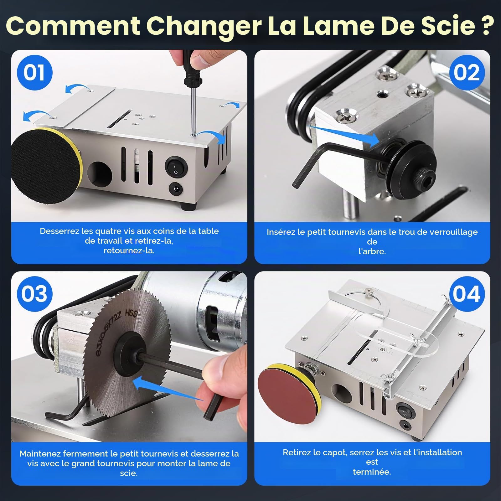 Mini scie circulaire de table avec disque de polissage et 4 lames, mini scie circulaire avec bloc d'alimentation à 7 vitesses, lame de scie réglable en hauteur de 0,1 à 15 mm, portable, petite scie