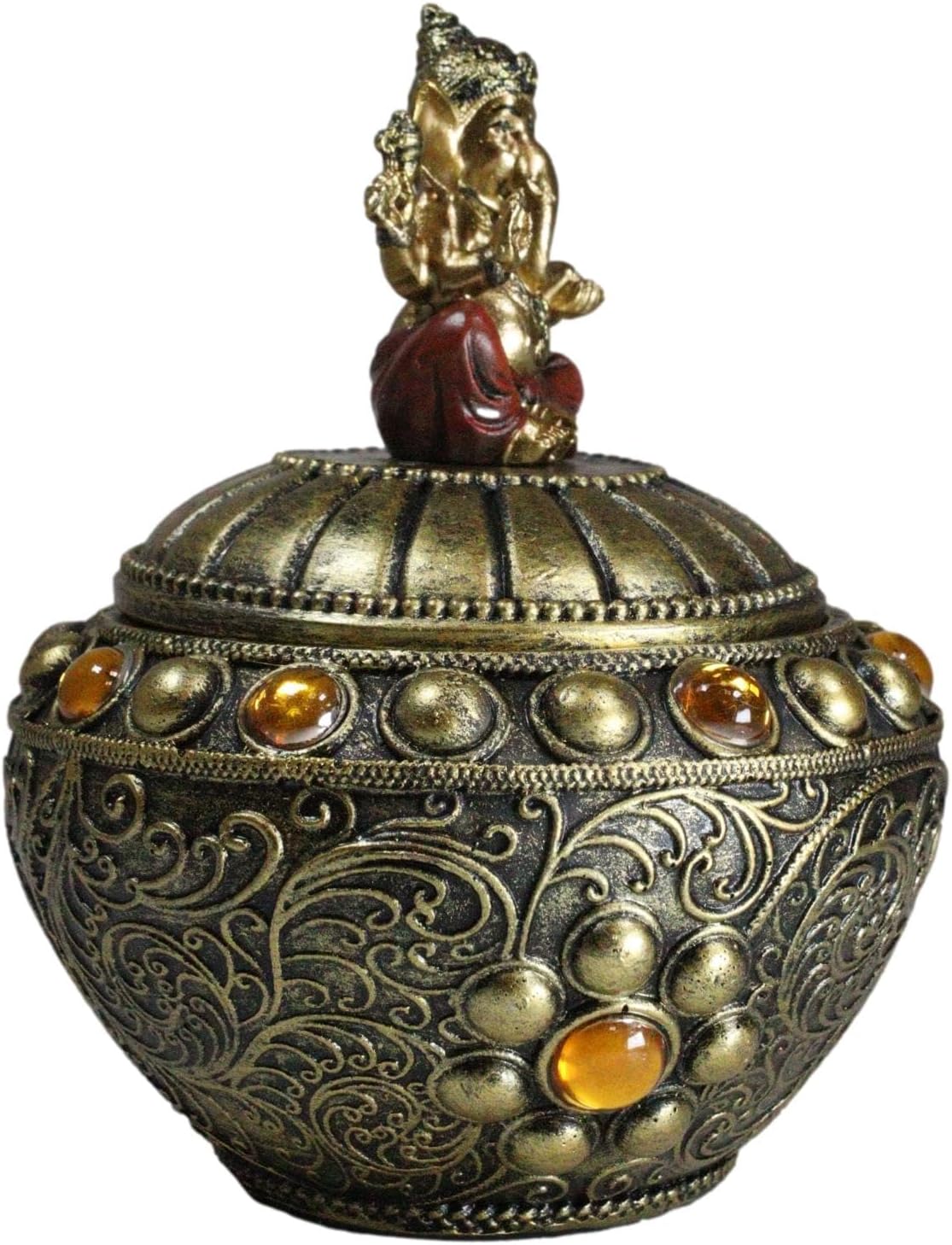 Ebros Gift Eastern Enlightenment Hindu Vastu Yoga Ganapati Ganesha In Meditation With Tooled Floral Scroll And Gemstones Decorative Round Trinket Jewelry Box Figurine