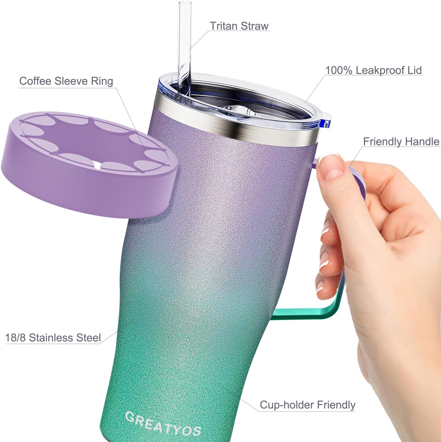 Universal Iced Coffee Sleeve with Handle - Insulated Double Wall Reusable Stainless Steel Holder Insulator for Cold Drinks Fits Small Medium Large To Go Cups Gifts for Men Women Him Her (Glitter) - Image 5