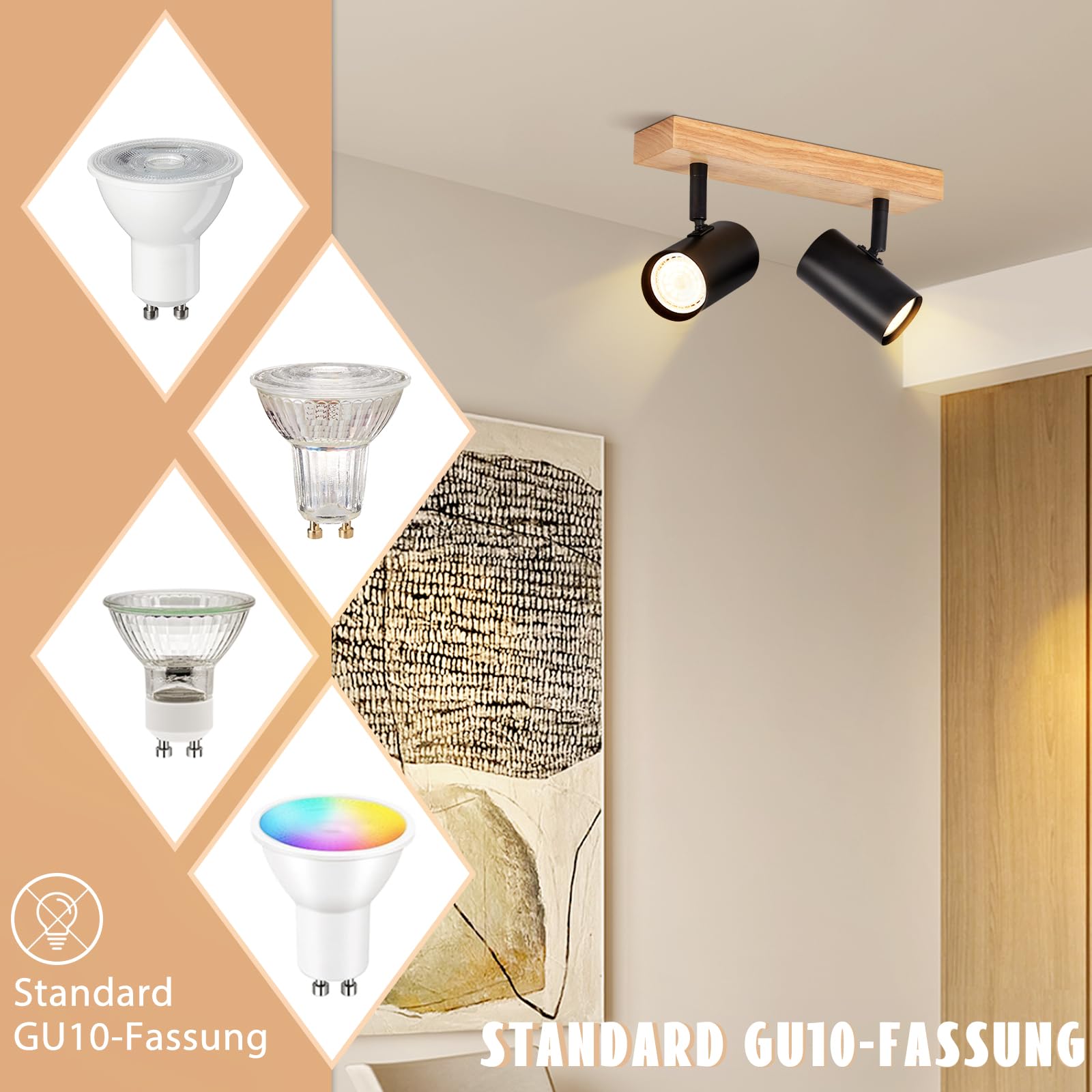 Glitzerlife Deckenstrahler 2 Flammig Deckenlampe Holz - Flurlampe Deckenspots GU10 Deckenleuchte Schwarz 350° Schwenkbar Vintage Industrial Retro für Flur Wohnzimmer Schlafzimmer Küche Esszimmer