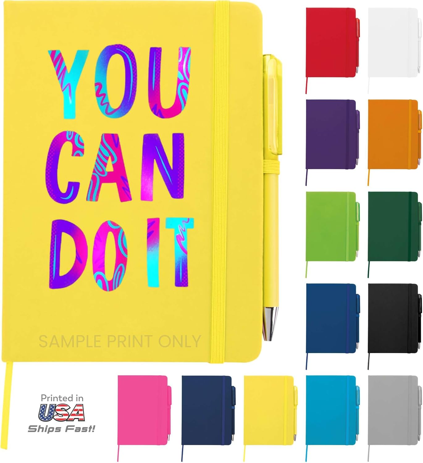 Personalized Notebook Journal – 5” x 7” Customized Notebook with Name, Text or Logo - 100 Page Custom Journal. Leatherette Hardcover & Pen - Yellow 75 Pack