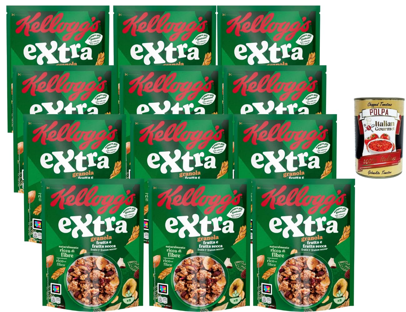 Italian Gourmet Knusper-Granola muesli croccante 12 x 375g Früchte-Nüsse | Ricco di fibre; ballaststoffreiche Cerealien mit Milch oder Joghurt zum, Gesamtnettogewicht 4,5 kg + Kostenlos Polpa 400g
