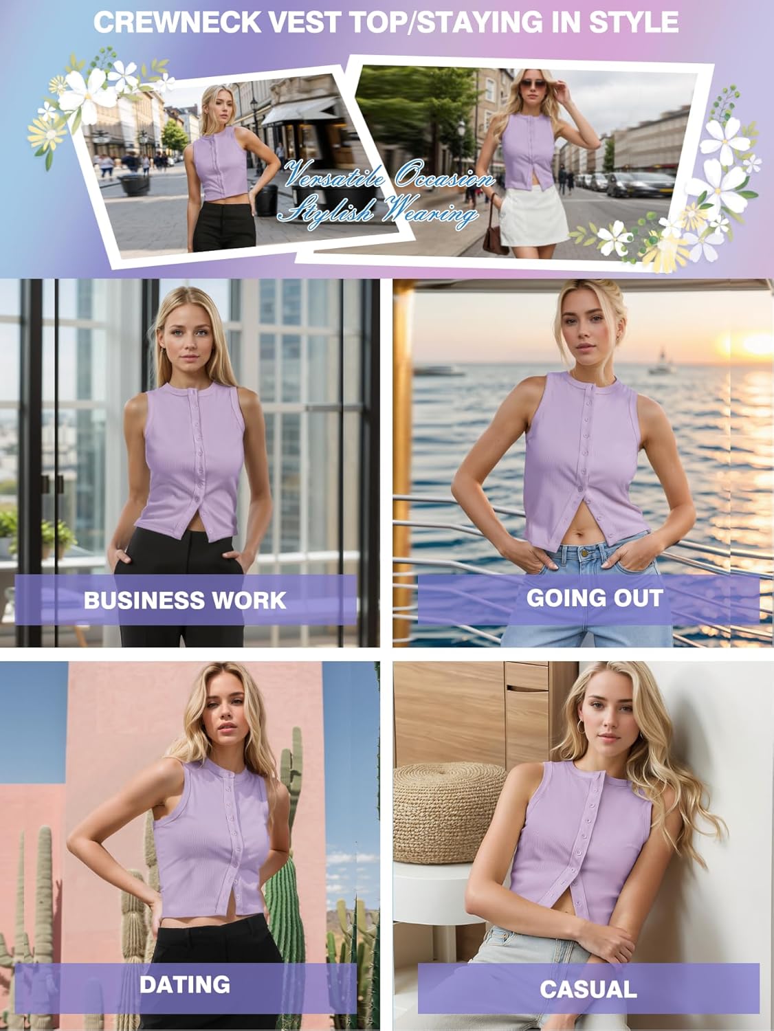 Women’s Button Down Tank Tops Sleeveless Ribbed Crop Summer Button Up Crewneck Vest Shirt Going Out Slim Fit Tops - Image 7