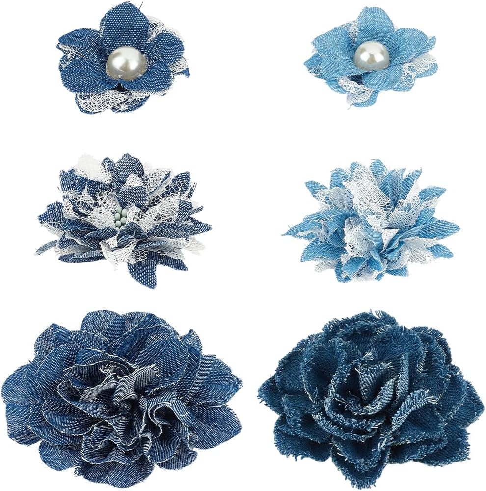 6Pcs 6 Styles Denim Fabric Flowers Sew On Vintage Layered 3D Floral Shaped Cloth Patches Decorative Pearls Appliques Bulk for Sewing Making Jewelry Clothing Accessories Hats Dress DIY Craft