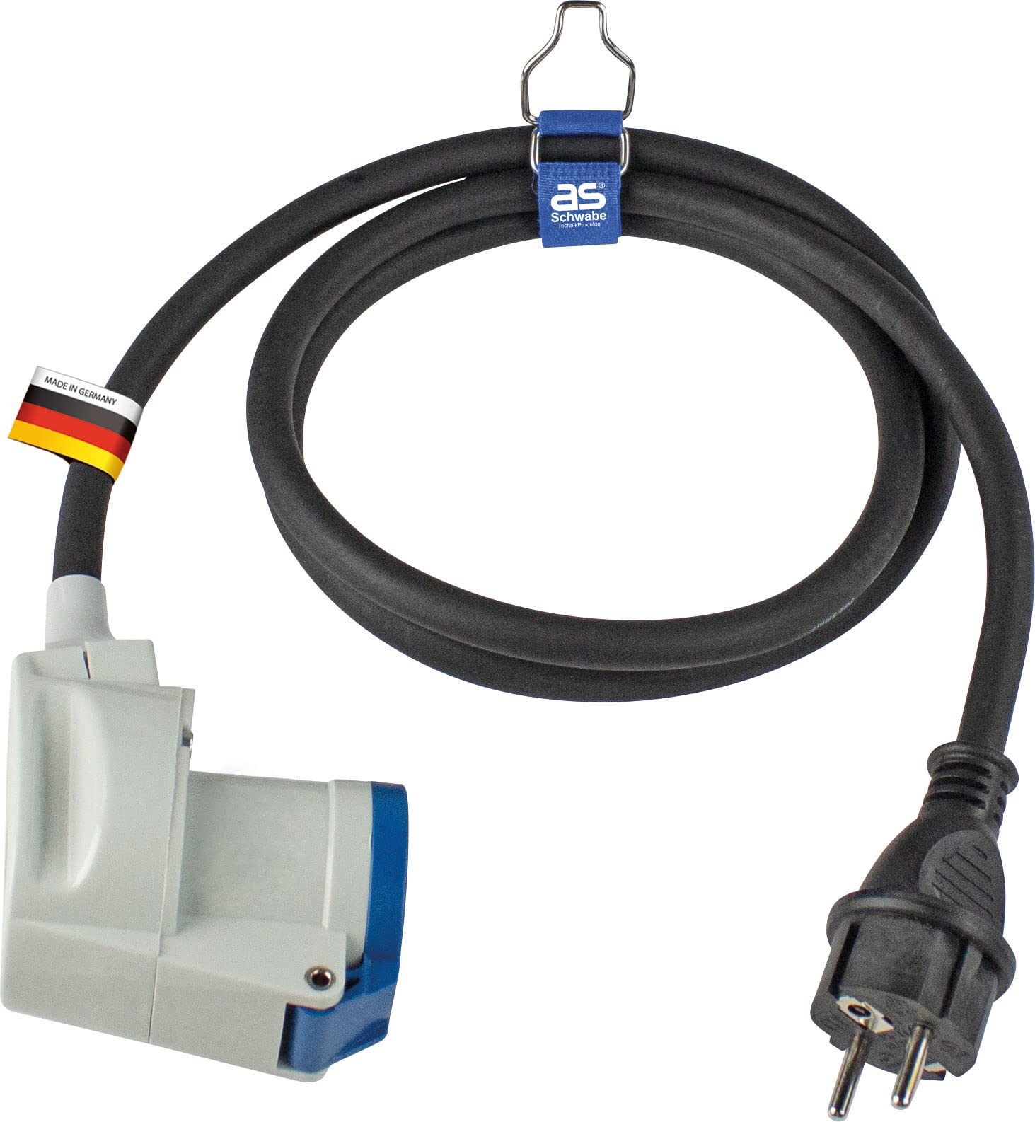 as - Schwabe Cable adaptador CEE 1,5 m, clavija de contacto de puesta a tierra 230 V / 16 A y acoplamiento CEE con tapa abatible 230 V / 16 A / 3 polos, interior/exterior, IP44,