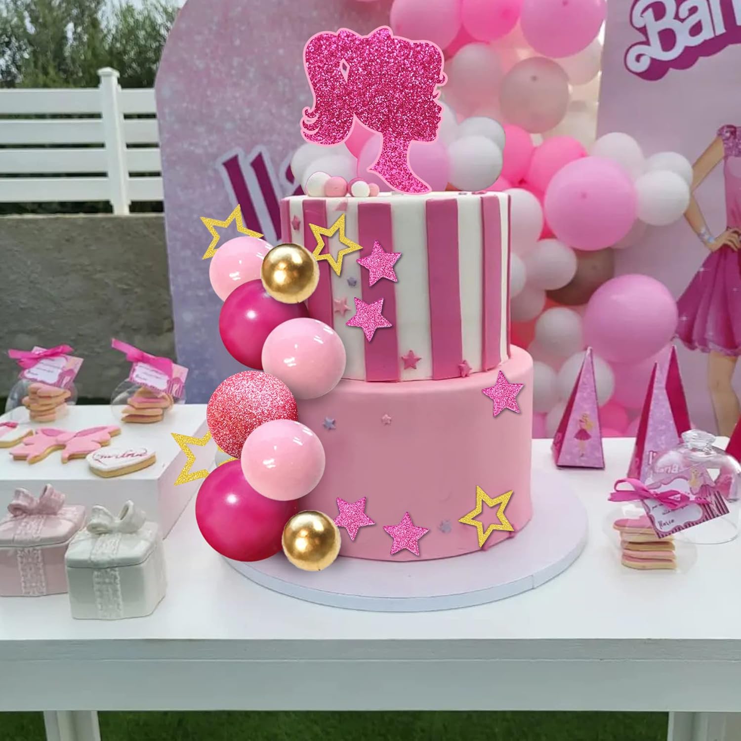 36 PCS Hot Pink Girl Cake Topper Balls Cake Decorations with Pink and Gold Balls Shiny Stars for Wedding Anniversary Girl Birthday (Stars)