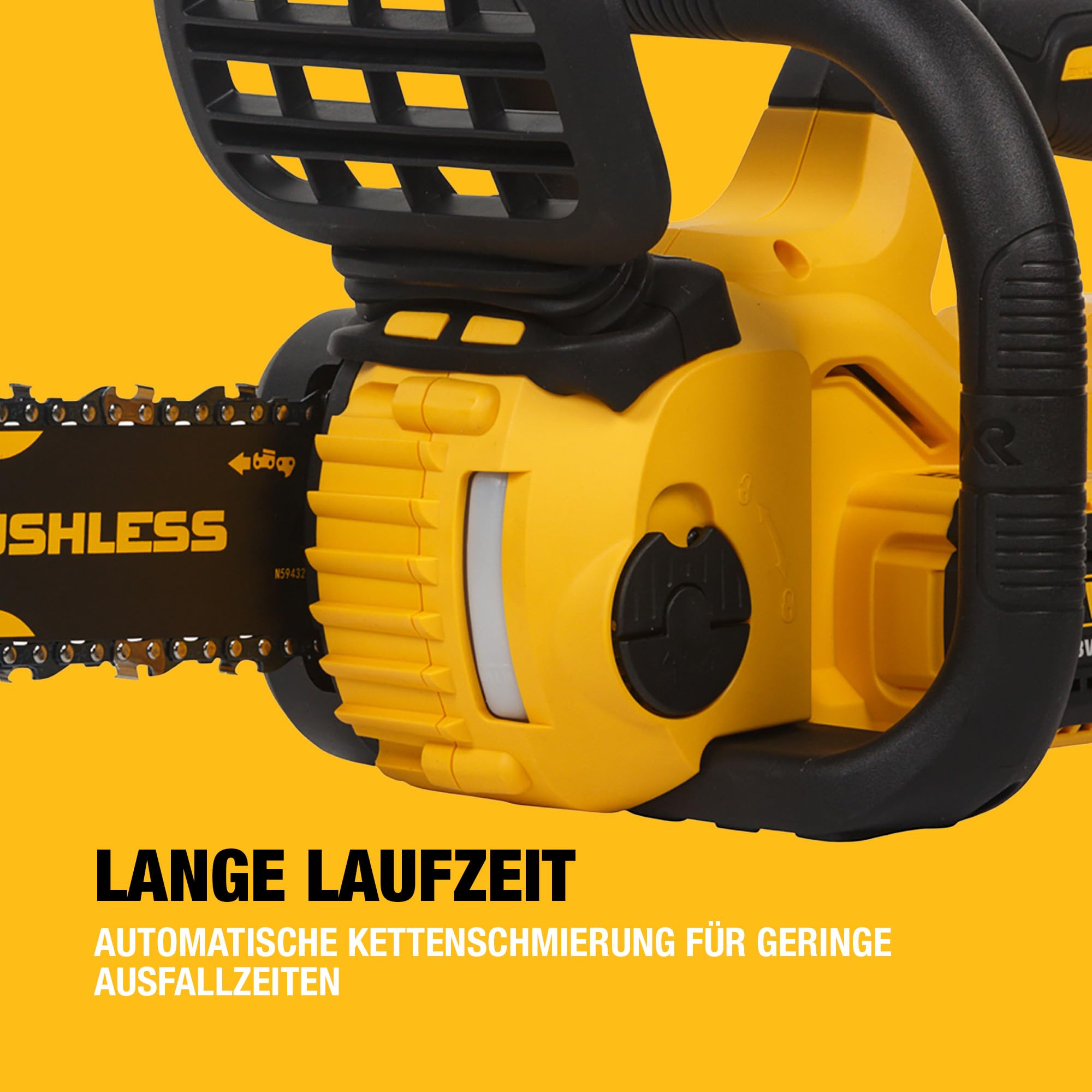 DEWALT 18 Volt Akku-Kettensäge (30 cm Schwert, bürstenloser Motor, werkzeuglose Kettenspannung, automatische Kettenschmierung, Kettenbremse, Lieferung ohne Akku und Ladegerät), DCM565N-XJ