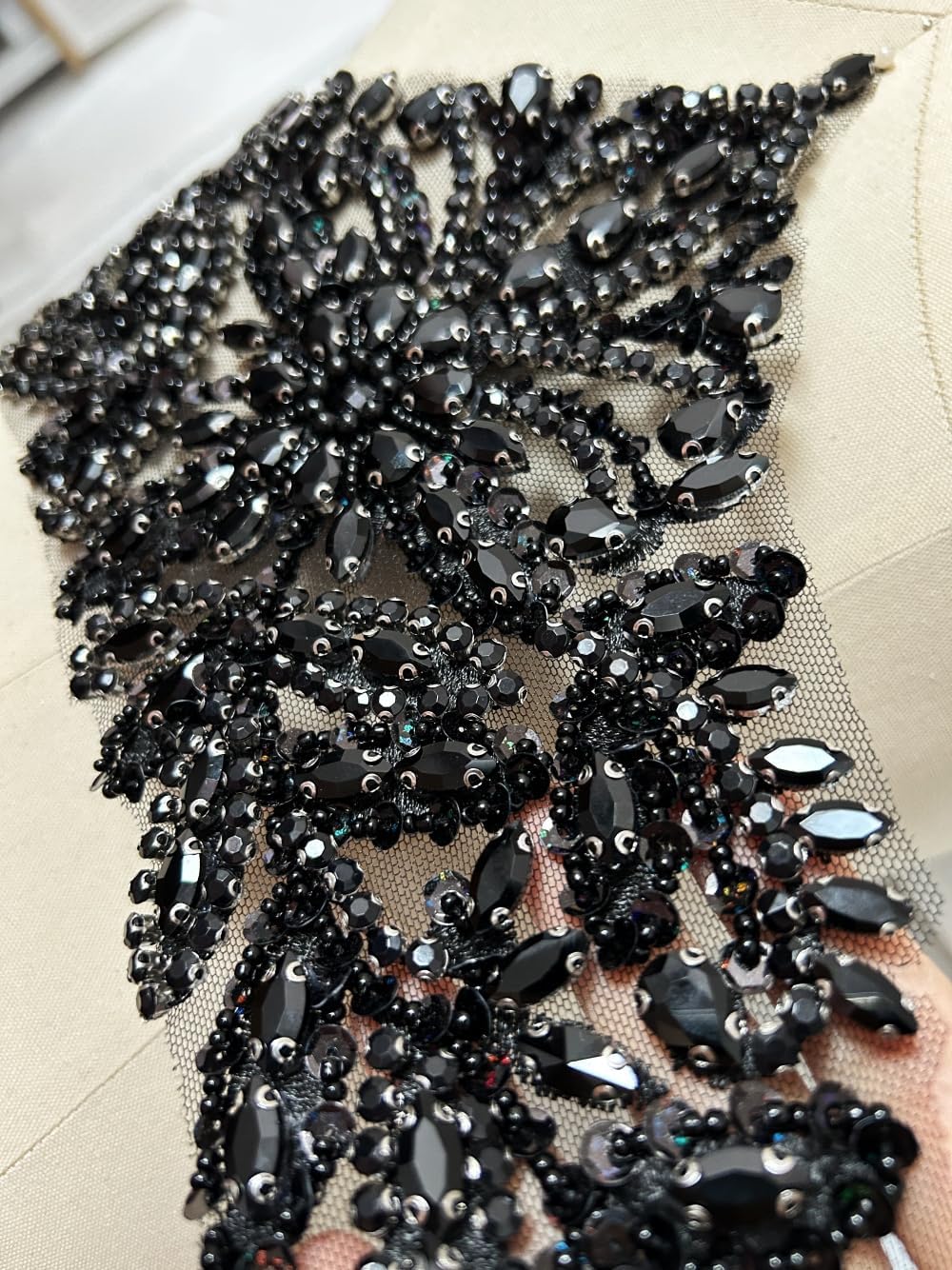 Handmade Rhinestones Lace Applique Trim Patches with Sewing Beads Sequins Glass Stones for Dress Clothing Belt Accessories (Black)
