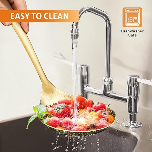 Vista 5 de Cuchara ranurada grande dorada para servir, juego de acero inoxidable 304, cuchara de sopa de acero inoxidable, cucharón de salsa de metal, cuchara