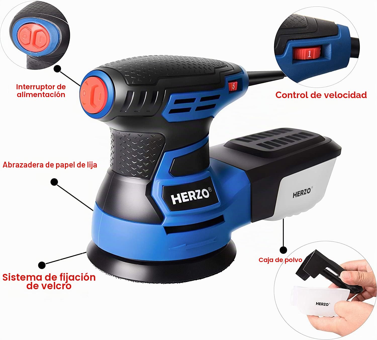 Lijadora Excéntrica 300W ，HERZO 6 Velocidad Ajustable, Lijadora con 13000 RPM Motor, 10 PCS Papeles de Lija de 125mm con Caja de Recogida