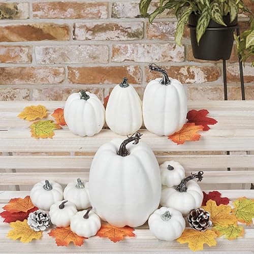 Vista 7 de DearHouse 63 calabazas artificiales, decoración de otoño de cosecha de arce, 11 calabazas de otoño de terciopelo, 2 conos de pino y 50 hojas de arce