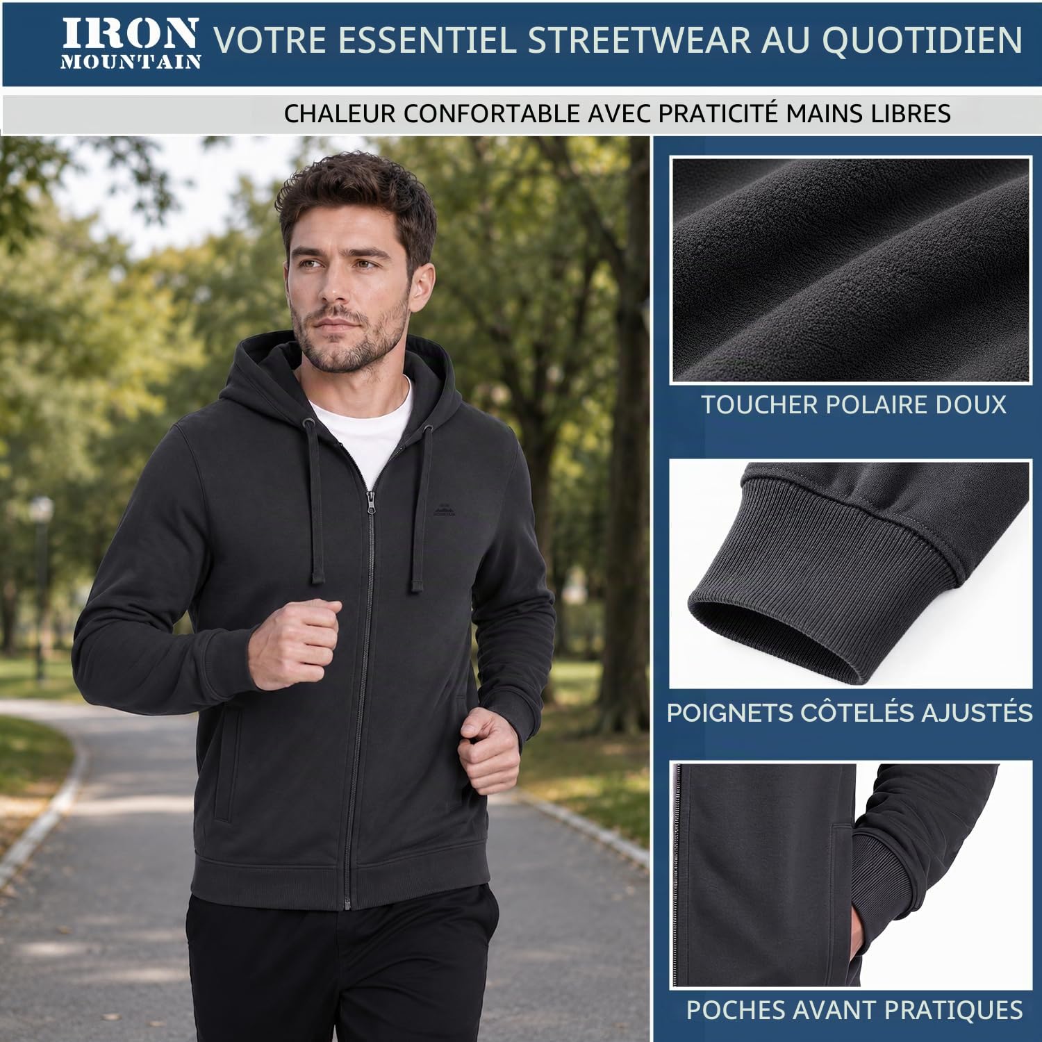 Iron Mountain Sweat à Capuche Zippé en Polaire pour Homme – Hoodie souple et confortable avec poignets côtelés