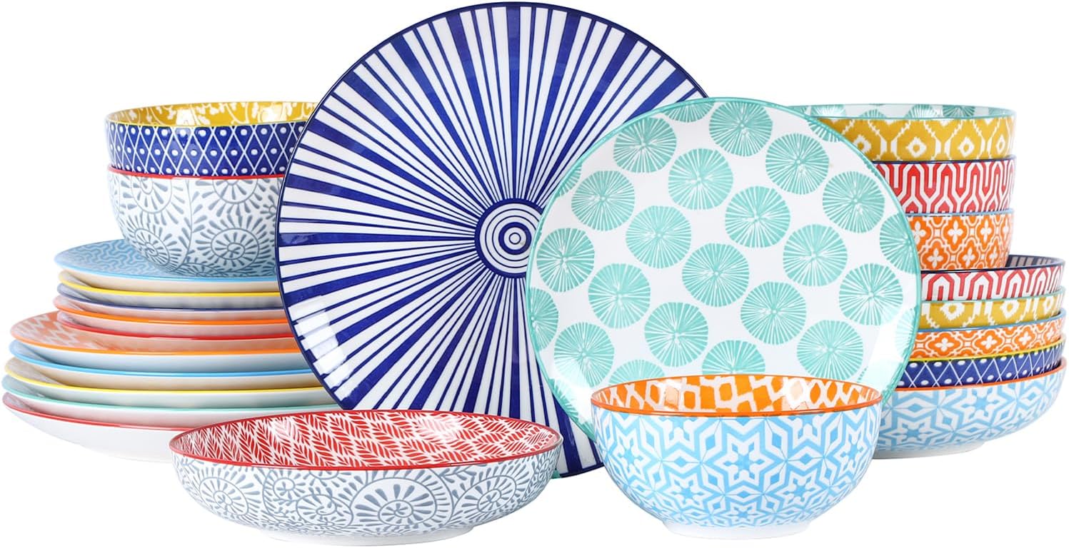 Selamica Ceramic Dinnerware Sets for 6, 24 Piece Plates and Bowls Sets, Highly Chip and Crack Resistant Dishes Set-Dishwasher & Microwave & Oven Safe, Assorted Colors