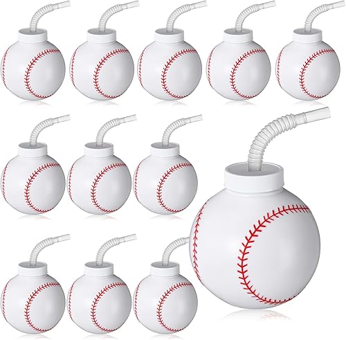 Miniatura 7 de Sumind 12 vasos deportivos de pelota con pajitas y tapas, vasos de plástico de 17 onzas a granel para niños, cumpleaños, fiestas temáticas,