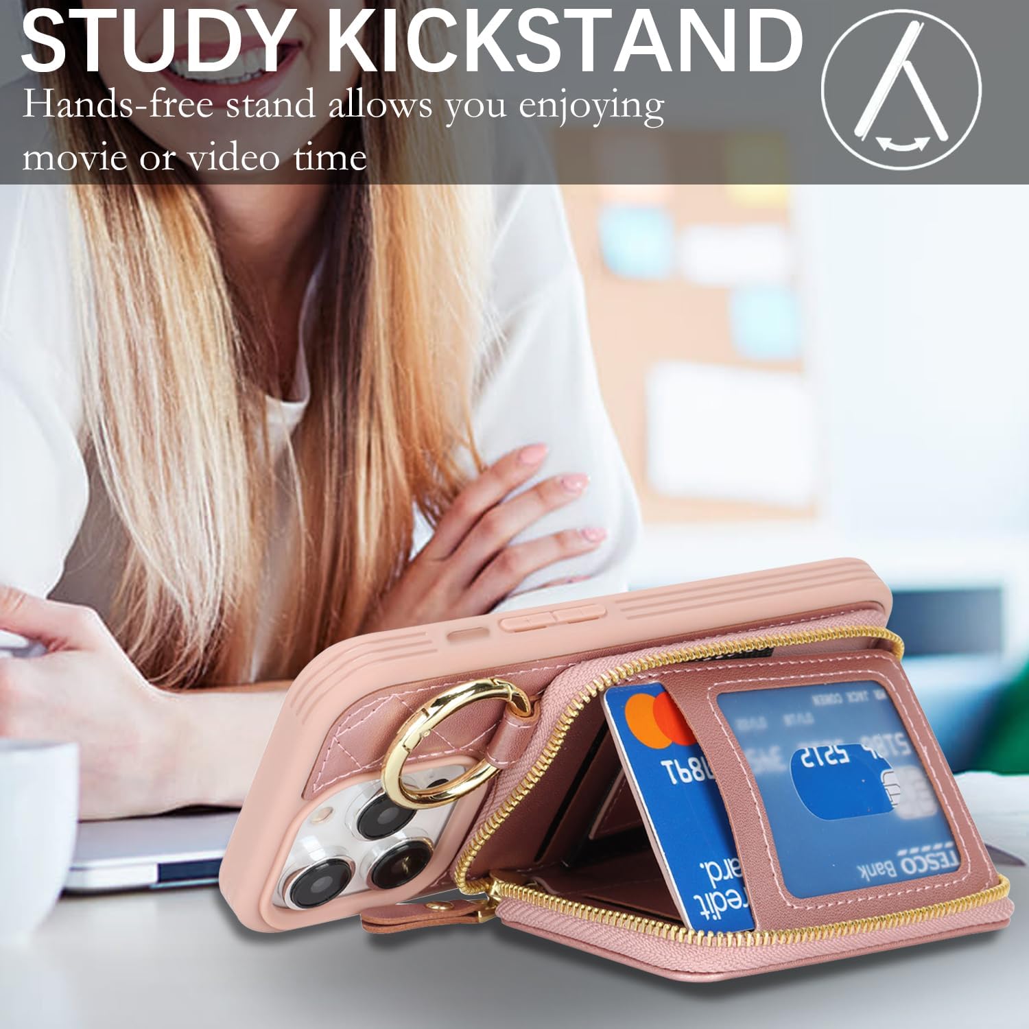 for iPhone 13 pro Case Wallet with Card Holder,for iPhone 13 pro Phone case Wallet with Zipper with Slot Kickstand Stand Case for Women and Man 5G 6.1 Inch-Rose Gold