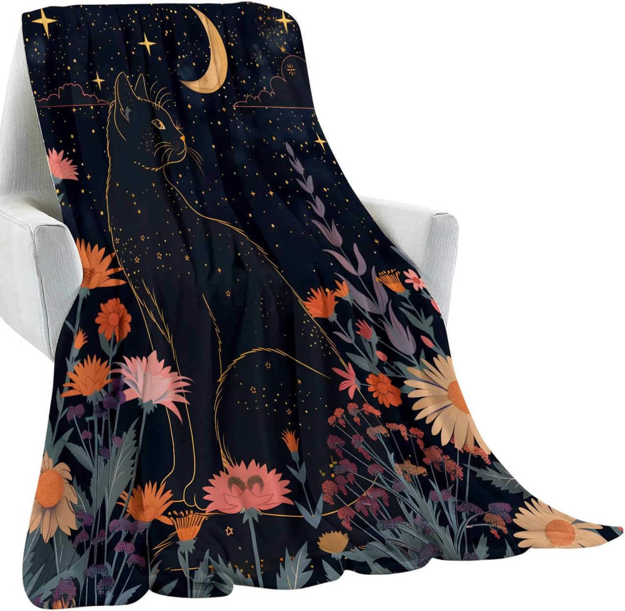 Black Cat Celestial Floral Blanket, Starry Night Moon and Wildflower Illustration Lightweight Flannel Throw 50×60 for Couch Sofa Bed, Cozy Gothic Home Decor and Gifts for Girl Teens Adults