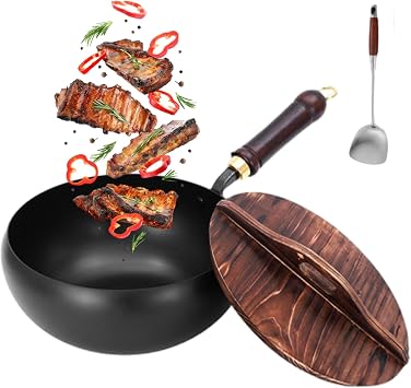 Handmade Hammered Large Belly Pot, 9.4/10.2/11 Inch Cast Iron Pan, Hand-Forged Non-stick Iron Pan Without Coating for Gas Stove Induction Cooker Glossy surface + wooden cover, 11inch