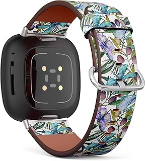 CJBROES Replacement Leather Watch Band, Compatible with Fitbit Versa 3 and Fitbit Sense of Wristband Bracelet Accessory - Olive Tree Watercolor Style